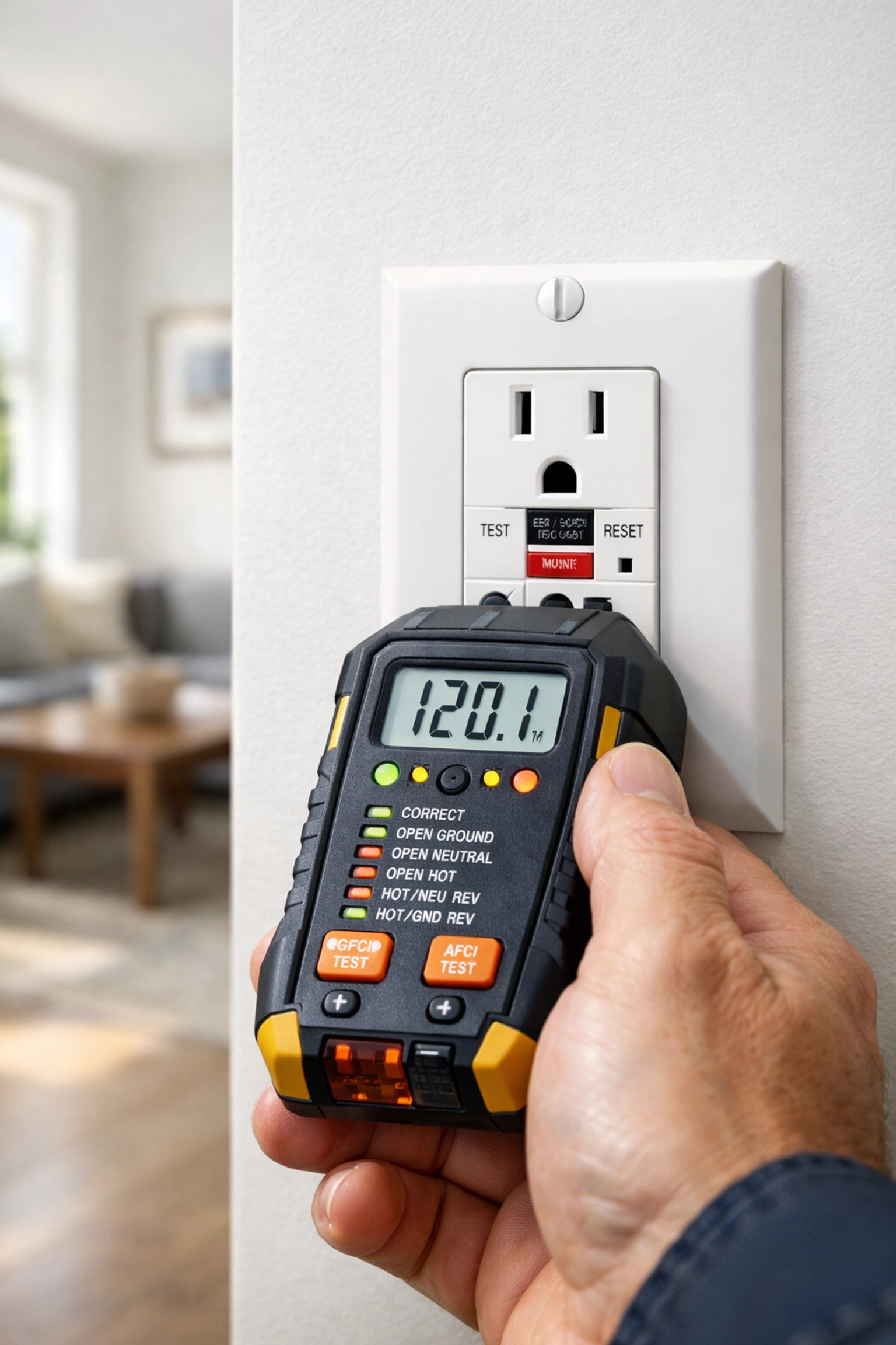 Professional testing of an AFCI-protected socket for fire safety in a modern Poole residence.