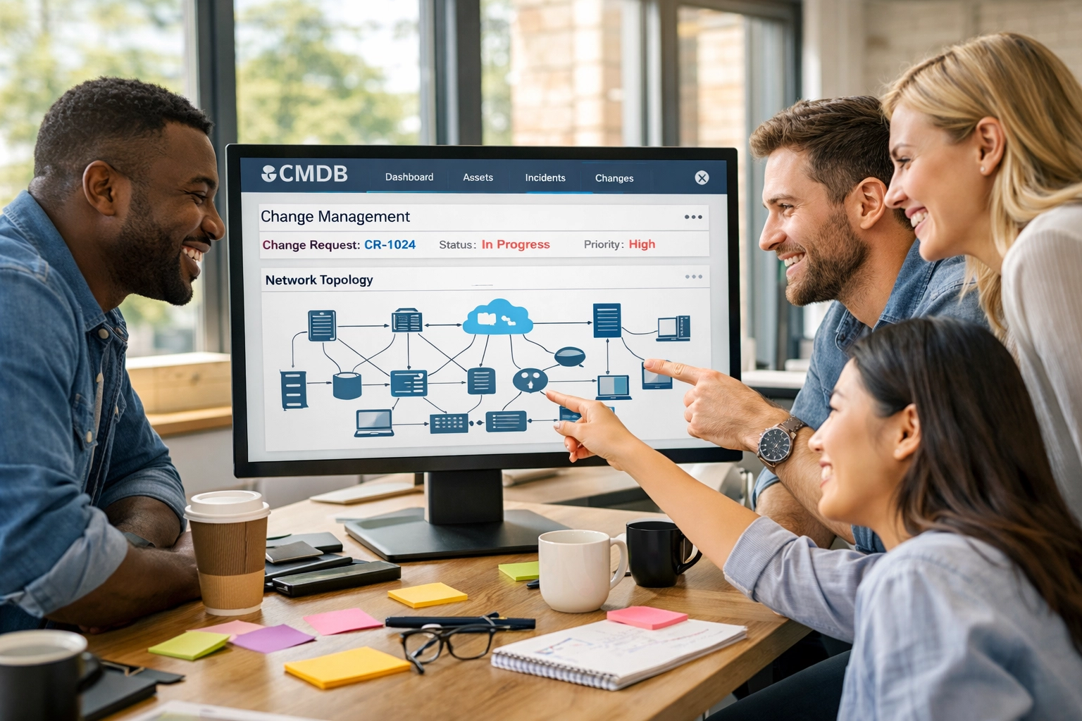 Team collaborating on ServiceNow CMDB configuration and change management planning