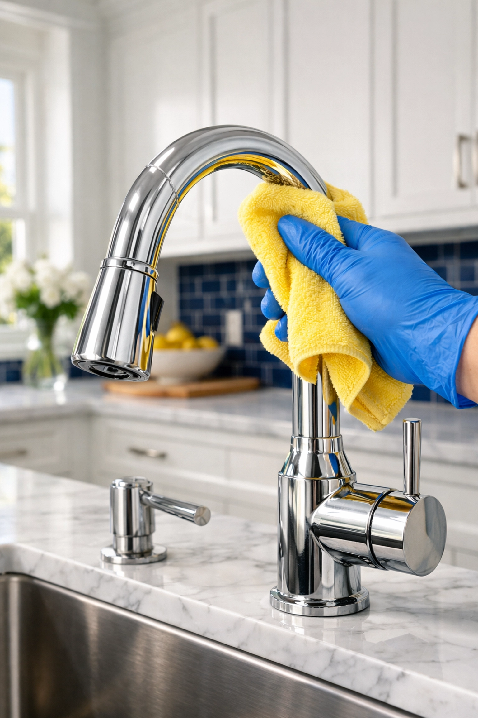 Professional detail cleaning of a kitchen faucet as part of Deep Cleaning in Marblehead MA.