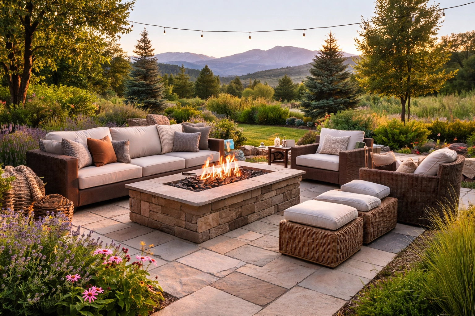 Modern Colorado backyard patio with fire pit and mountain views as an alternative to a home pool renovation