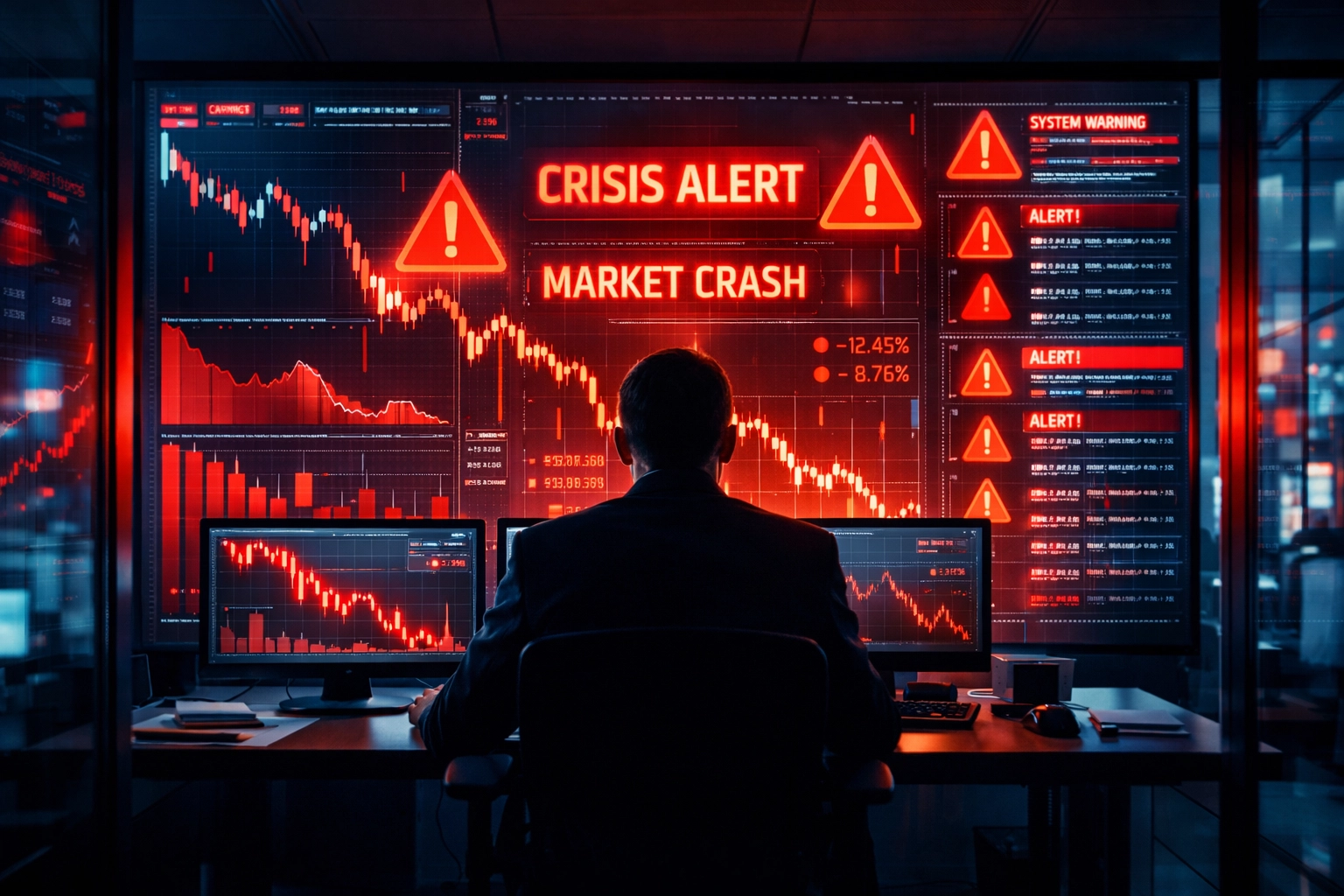 Financial analyst monitoring market crash warning indicators on digital dashboard