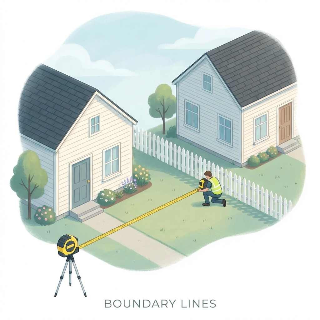 Illustration of two suburban houses with a property boundary and survey tape, showing potential title issues in Pennsylvania and New Jersey.