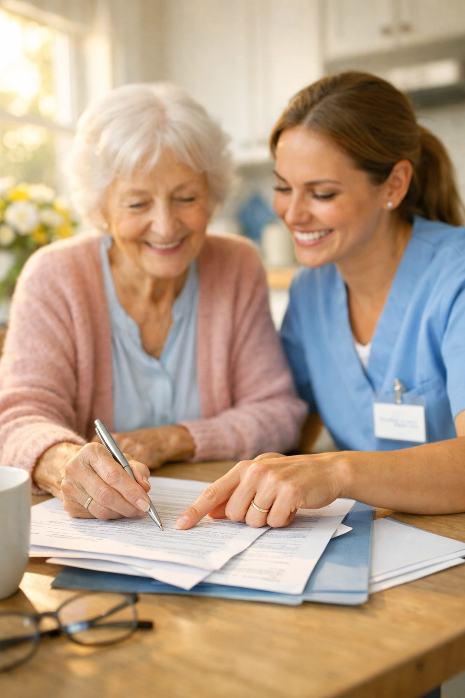 Caregiver and elderly woman reviewing home care payment options at kitchen table