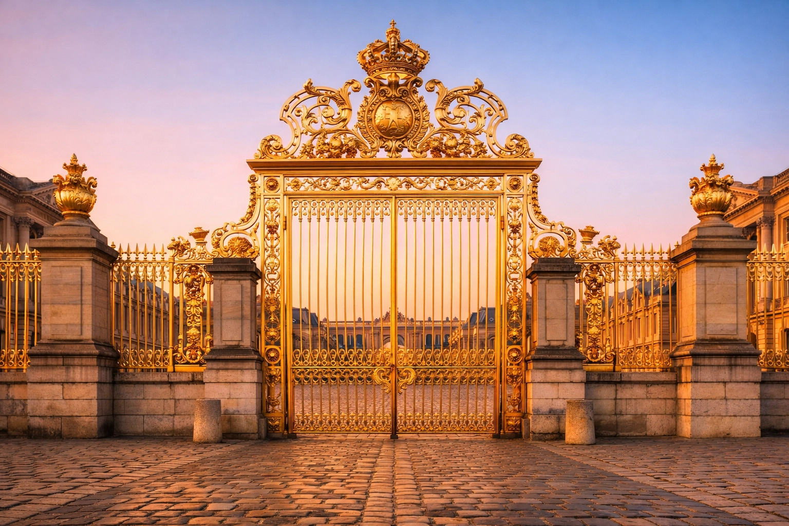 Golden gates of Versailles at dawn, an ideal time for capturing the best photography locations without crowds.