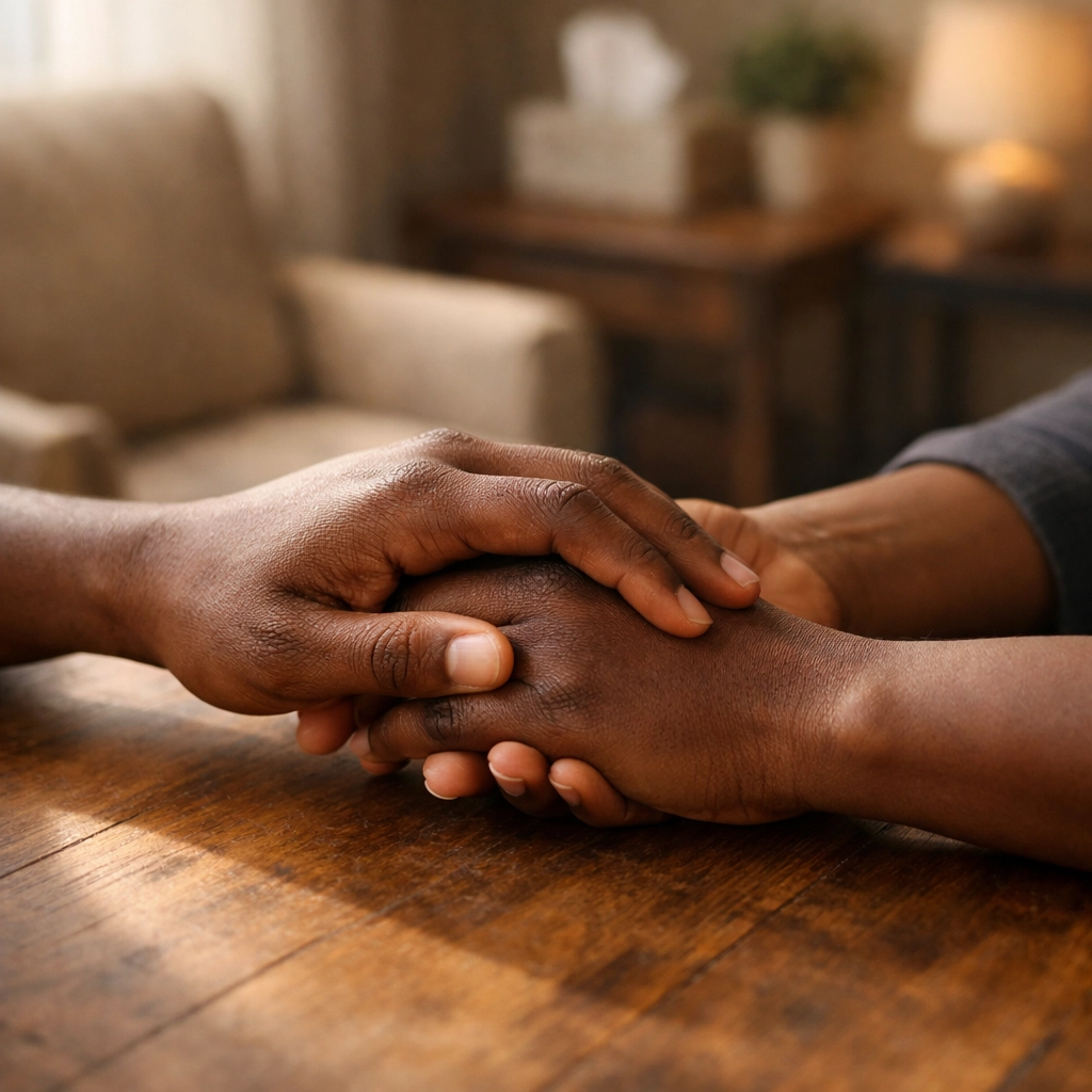 Couple holding hands across table during couples therapy session addressing generational trauma
