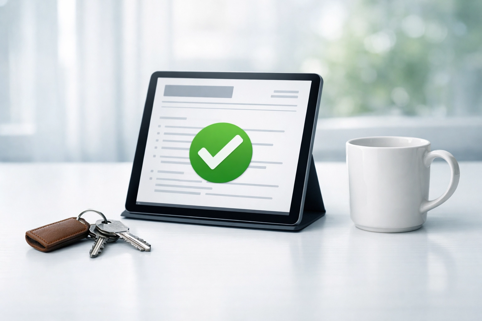 Modern office desk with house keys and a tablet showing a successful tenant screening checkmark.