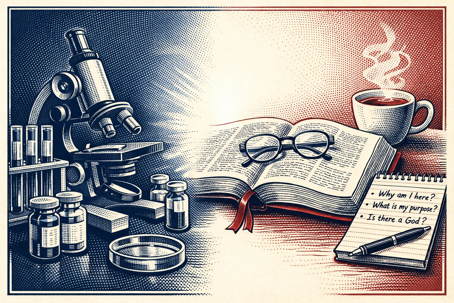 Split scene of laboratory equipment and open Bible representing faith-based medical wisdom