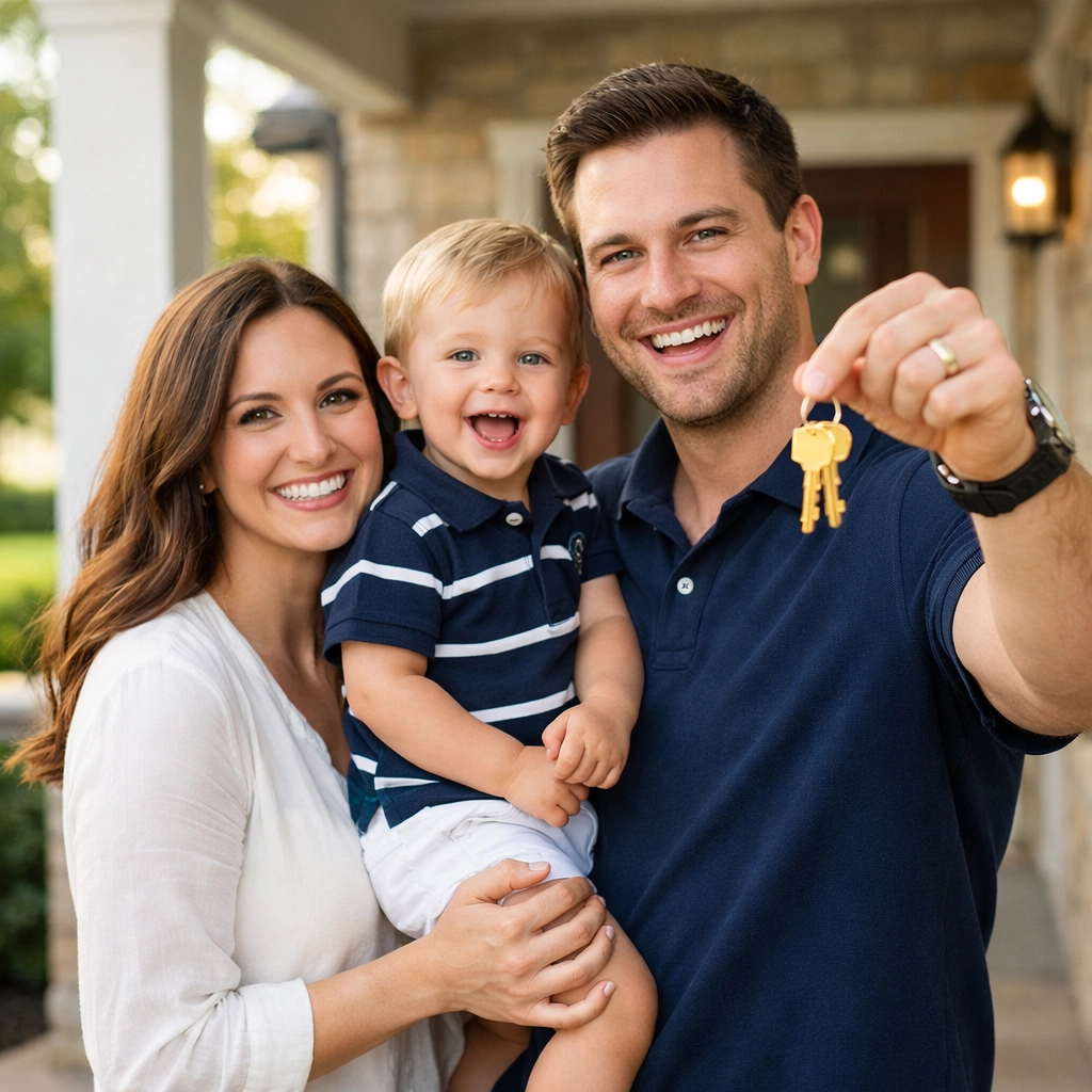A happy Texas family holding house keys to their new home, symbolizing the benefits of a high credit score.