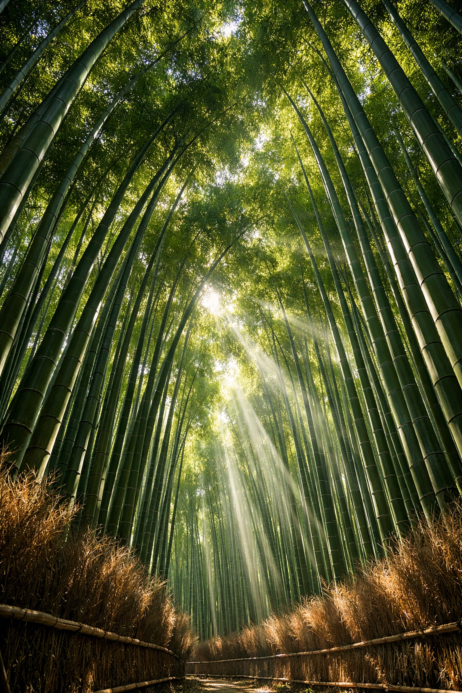 Sunlight filtering through the tall green stalks of Arashiyama Bamboo Grove, a must-visit photo spot in Kyoto.