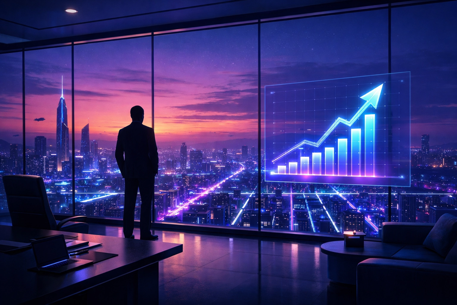 Business owner overlooking a city skyline while viewing a glowing upward growth curve from lean scaling.