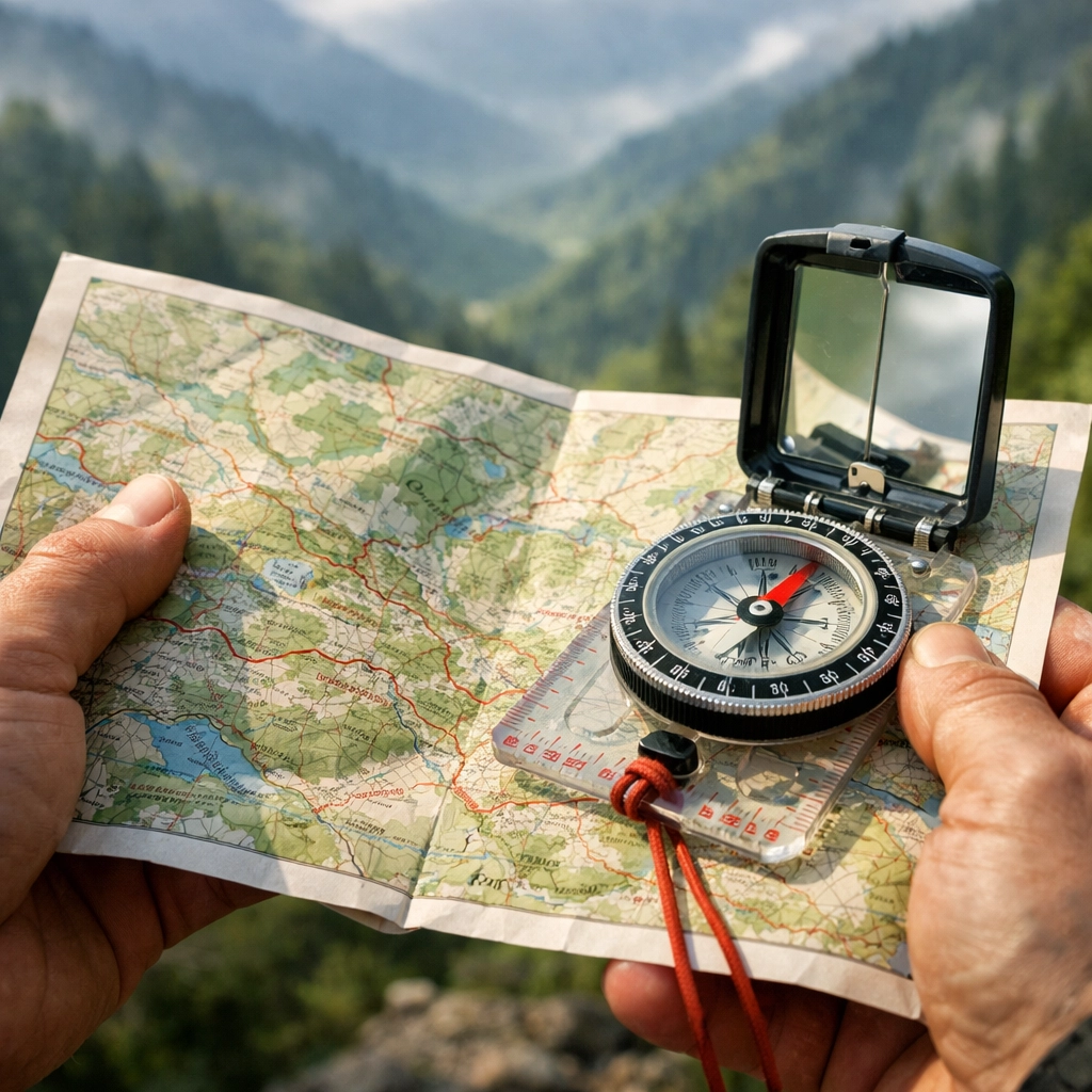 Navigating with a map and compass during a guided walking tour in the British countryside.