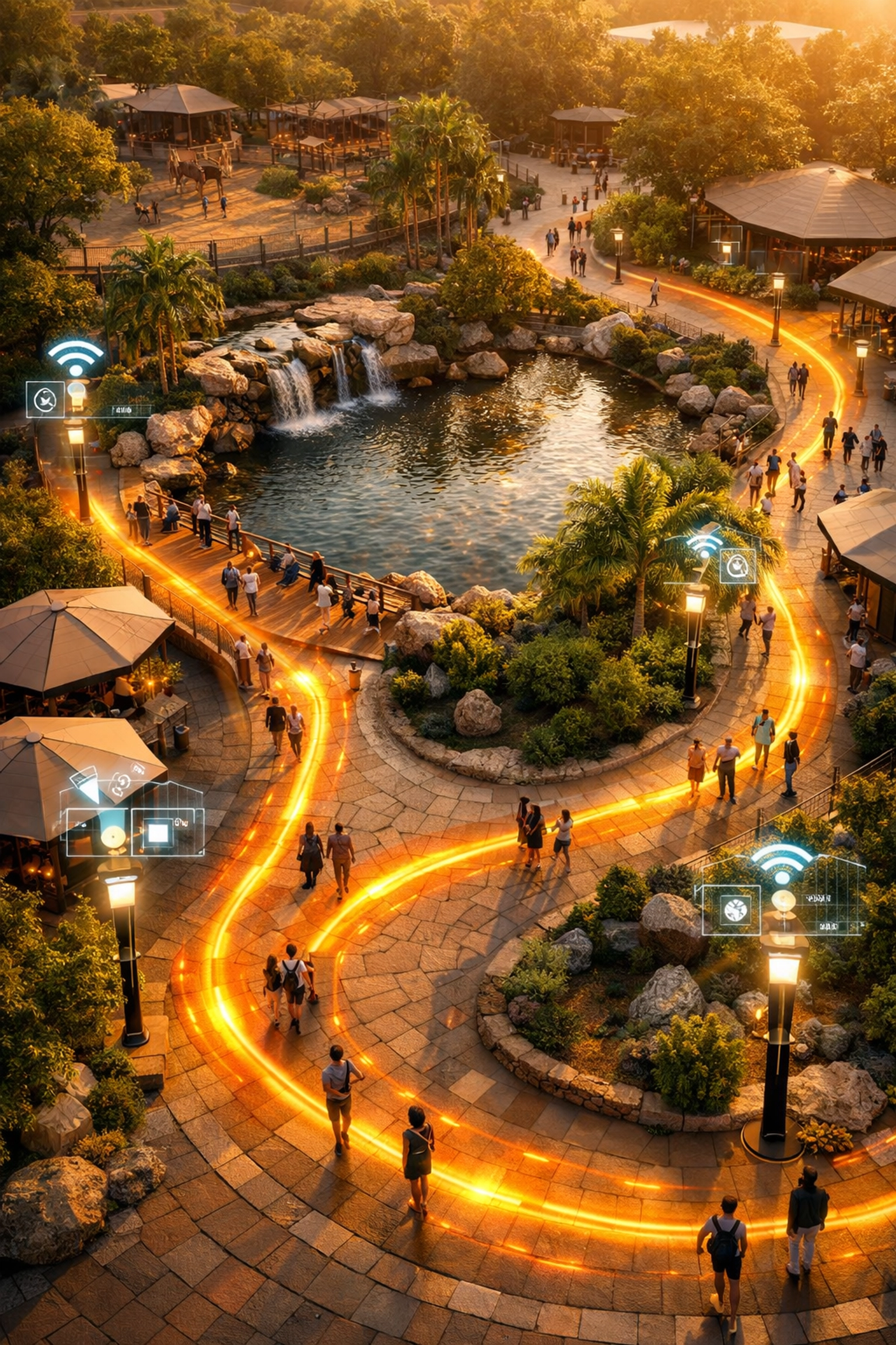 Aerial view of a smart zoo plaza with heatmaps for visitor flow management and IoT sensors.