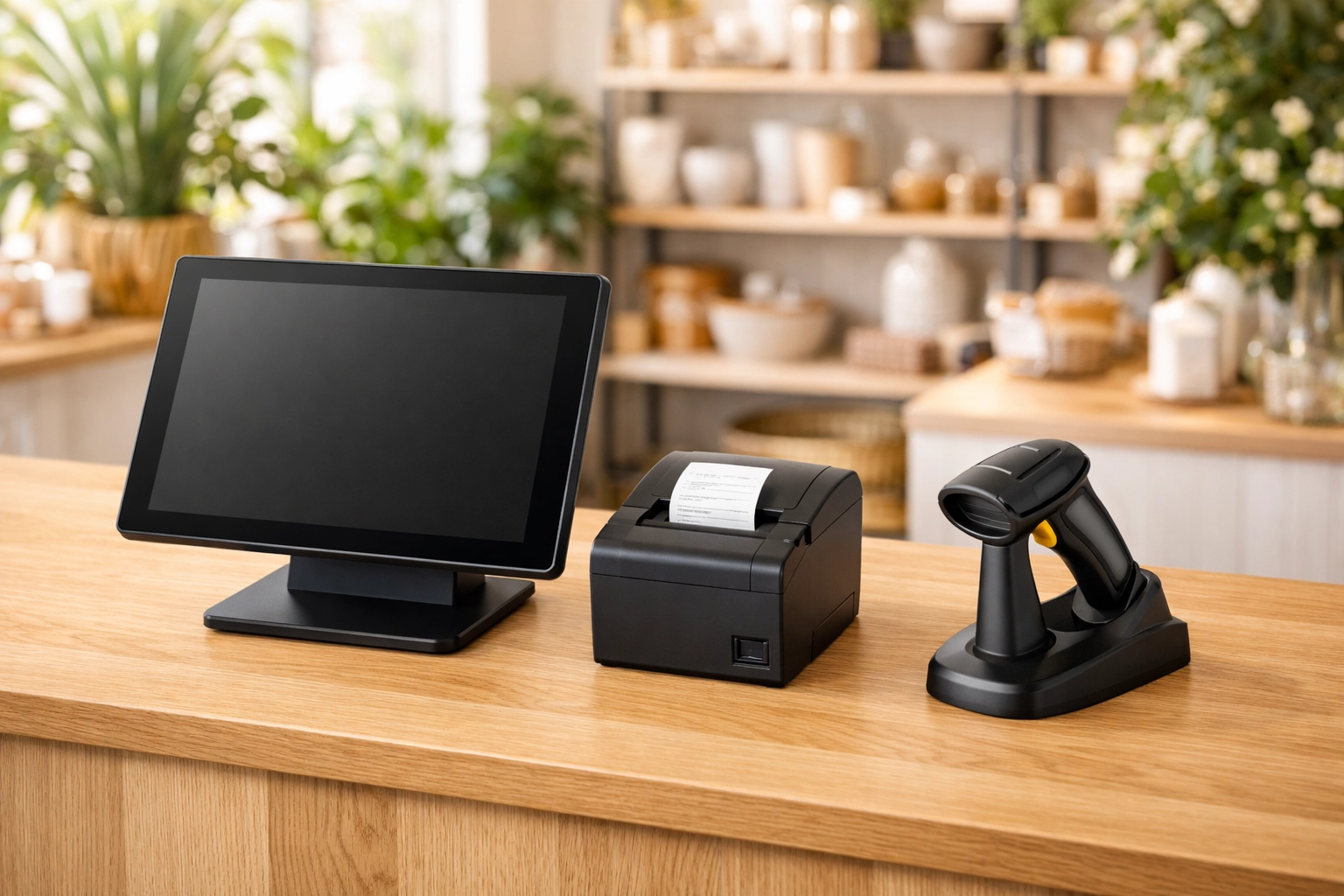 Complete retail epos hardware bundle including touchscreen monitor and scanner on a professional shop counter.