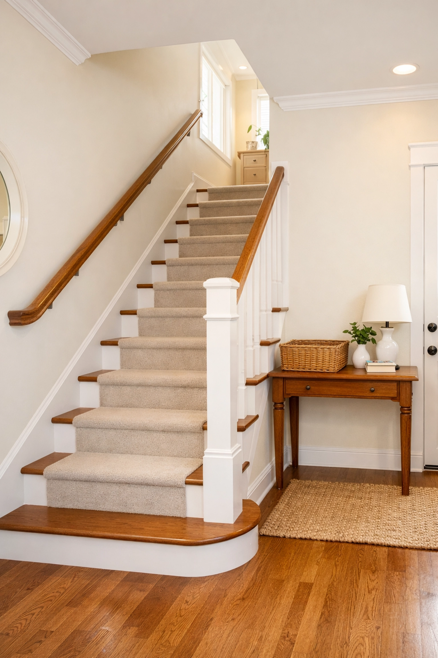 Clutter-free wooden staircase with a nearby storage basket to keep steps clear of tripping hazards.