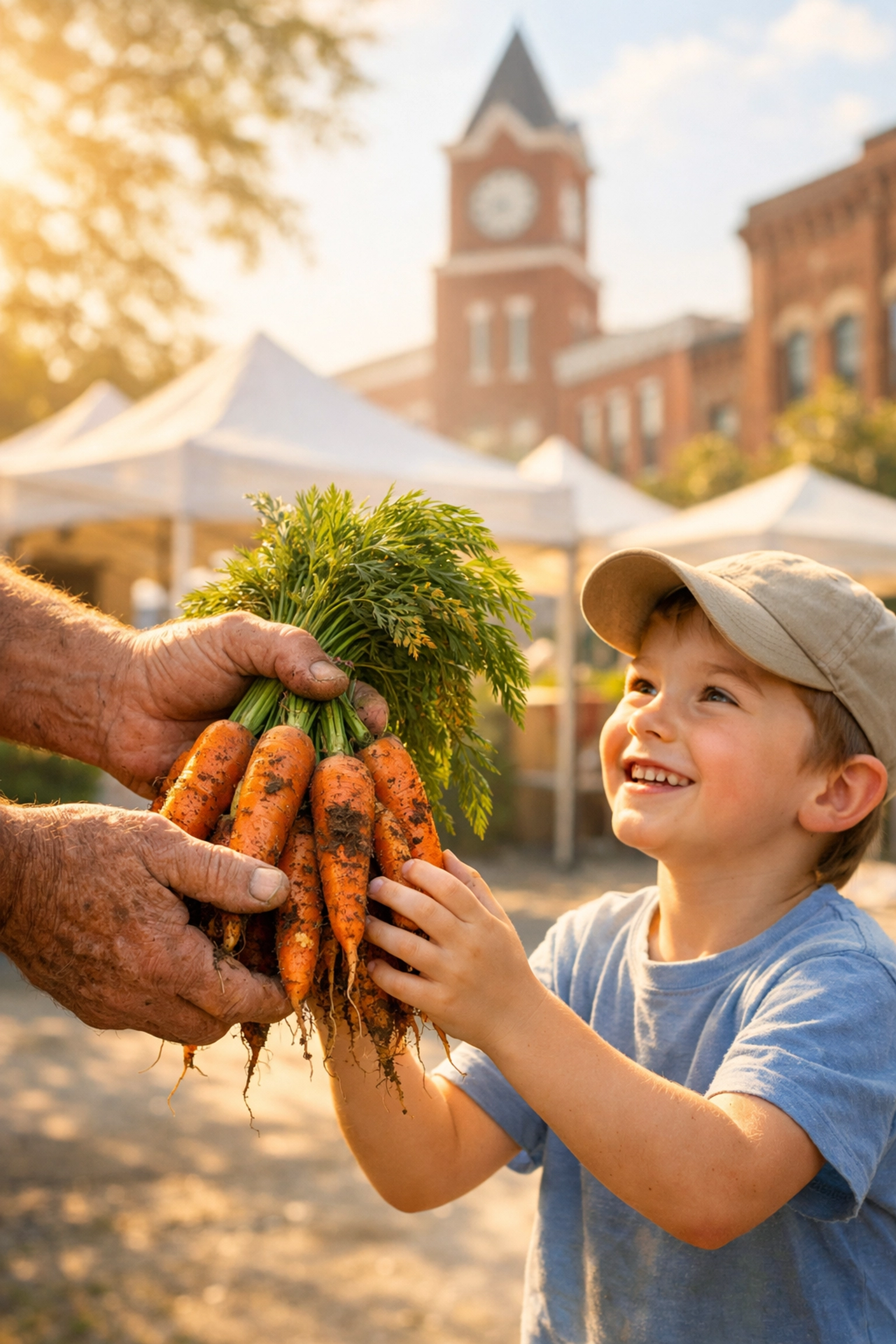 Local farmer handing fresh orange carrots to a child at the Summerville Farmers Market.