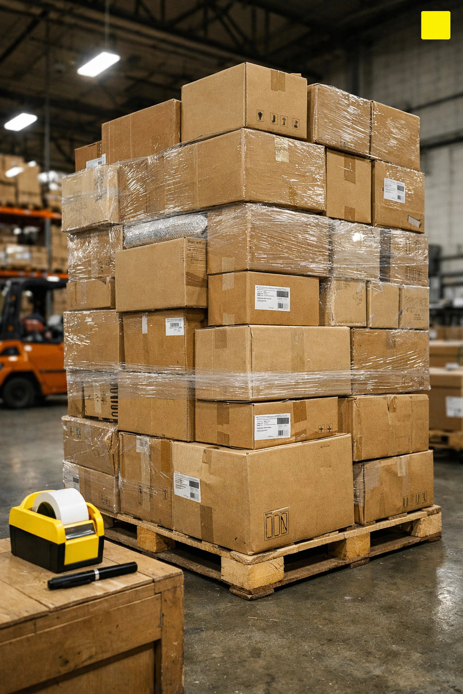 Large wholesale liquidation pallets stacked with inventory boxes in a professional warehouse.