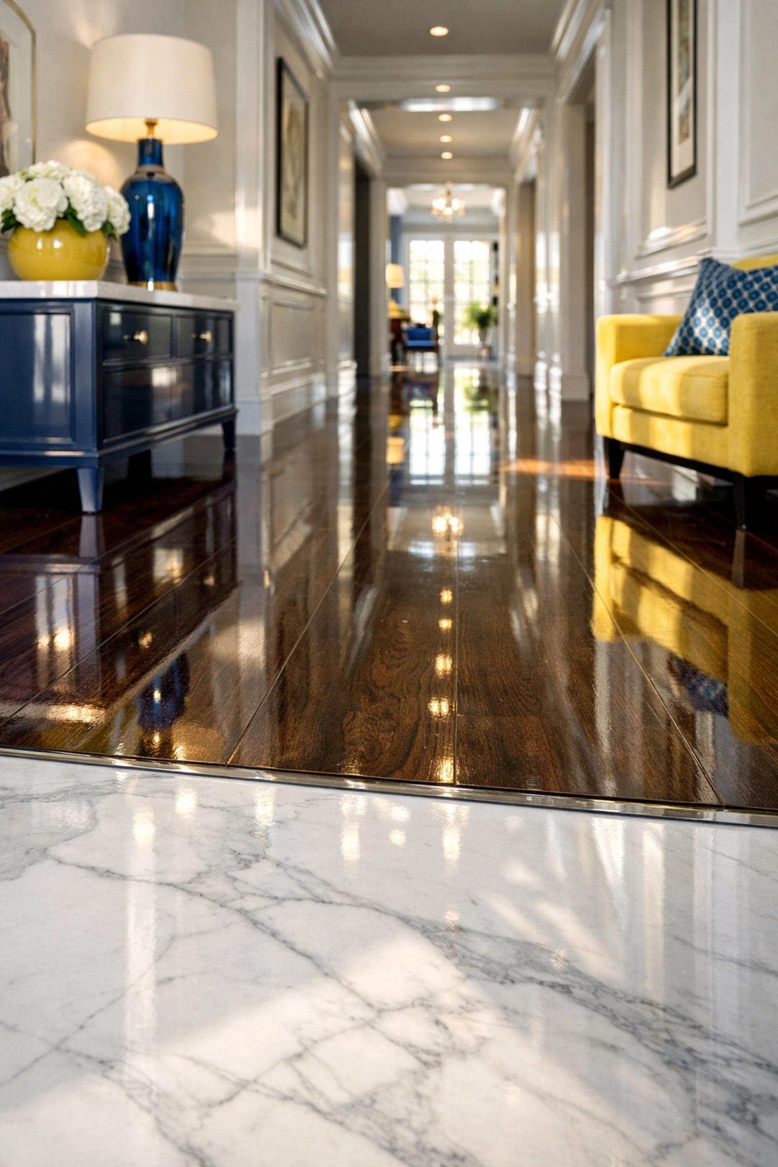 High-end apartment cleaning Boston results showcasing polished marble and hardwood floors in a modern home.