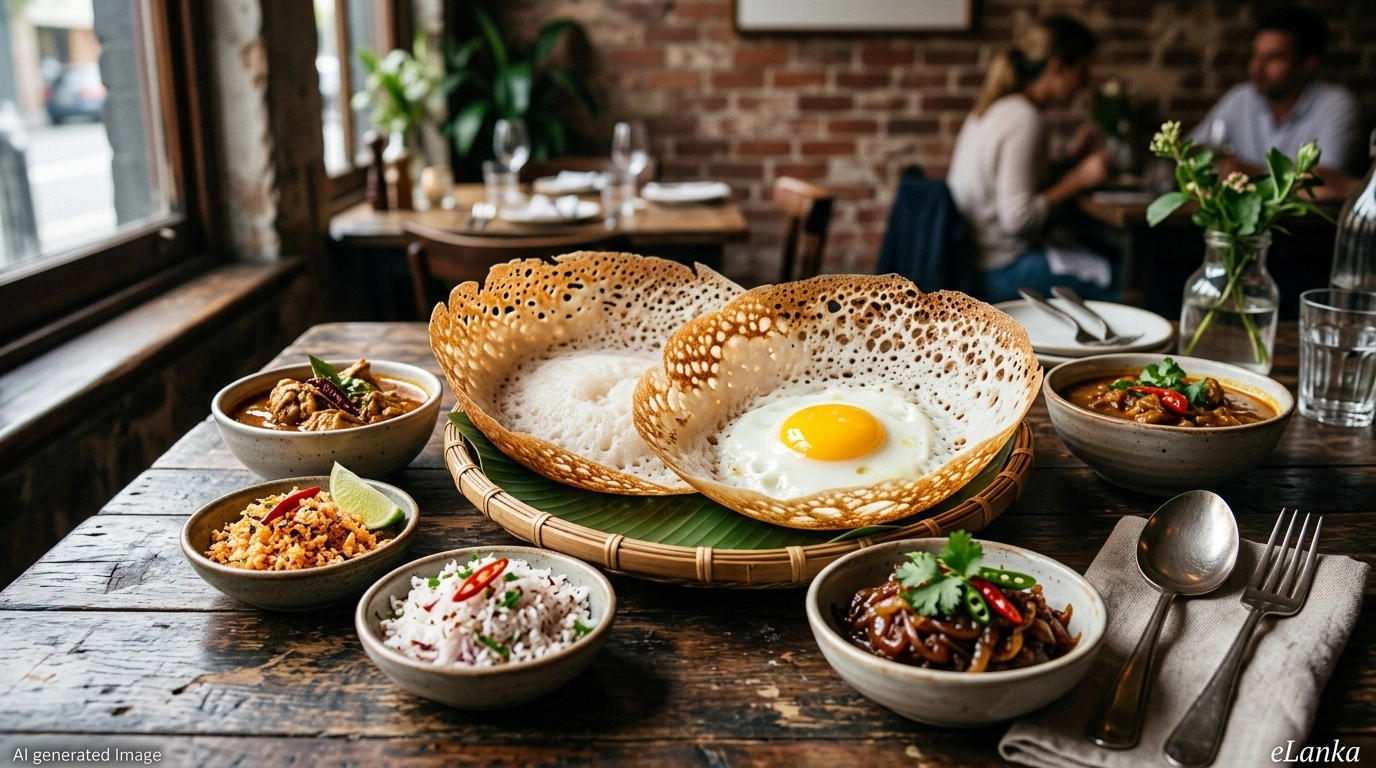 High-quality AI-generated image of a Melbourne-style Sri Lankan hopper set with crispy edges and curries, branded with 'AI generated Image' and 'eLanka'.