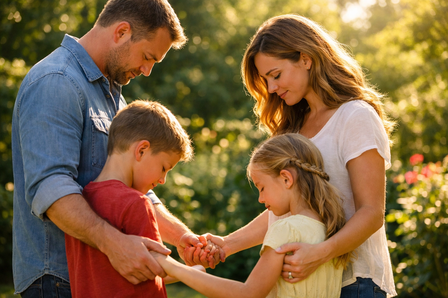 Family praying together at First Assembly Memphis and Boundless Online Church for divine healing. FA Memphis.
