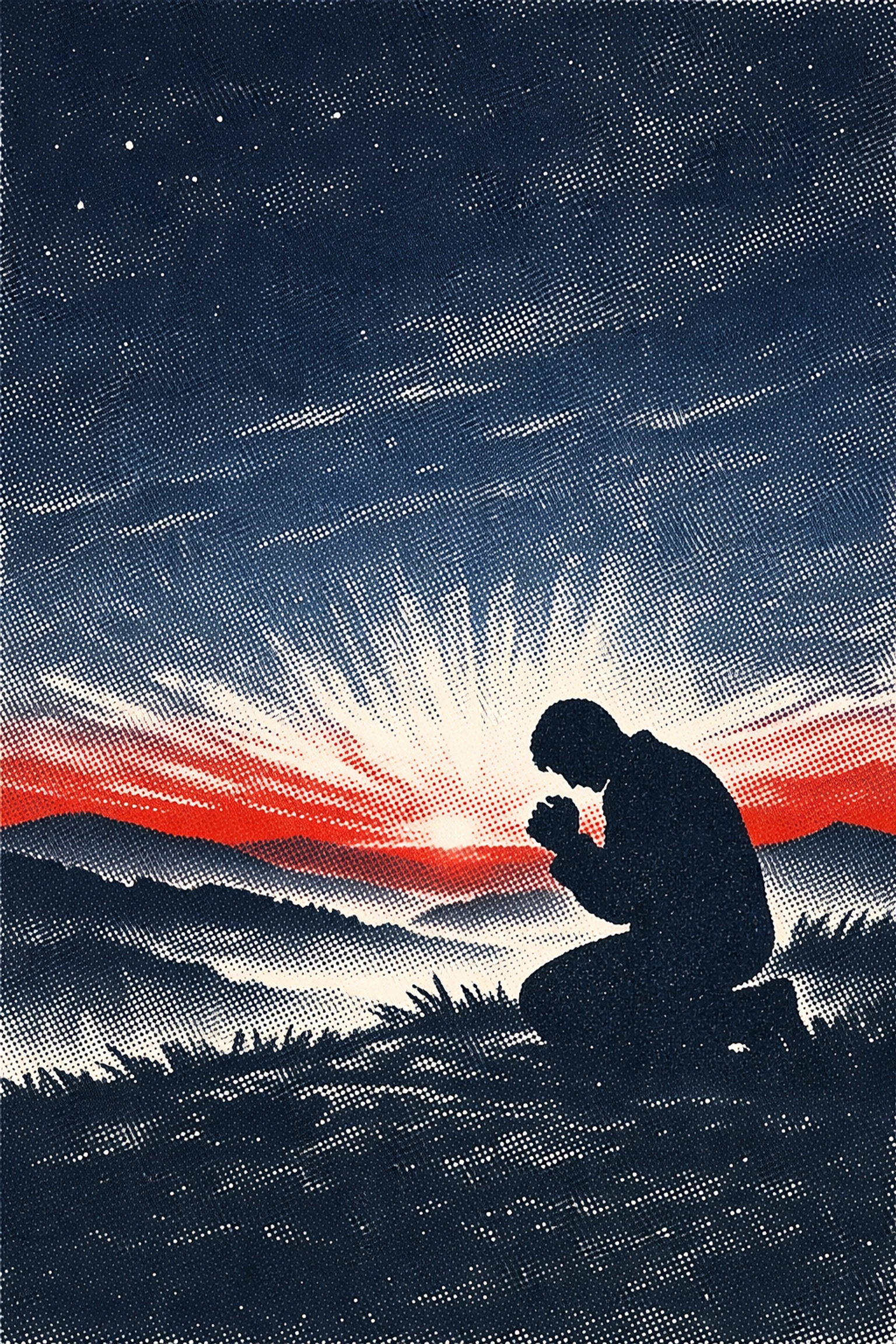 Silhouette of person praying at dawn with peaceful sunrise landscape