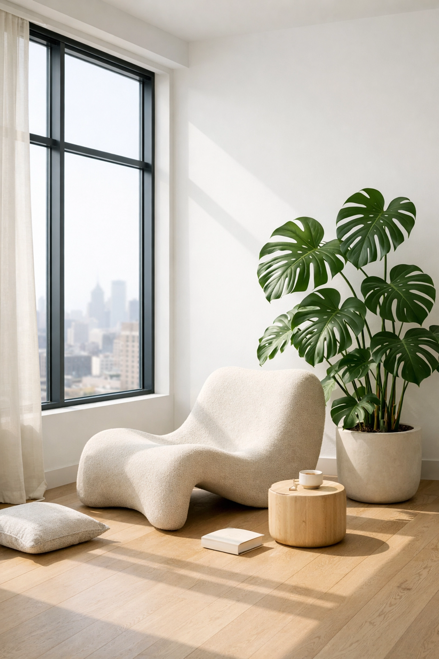 Energy-efficient NYC apartment interior with high-performance windows, creating a quiet wellness sanctuary.