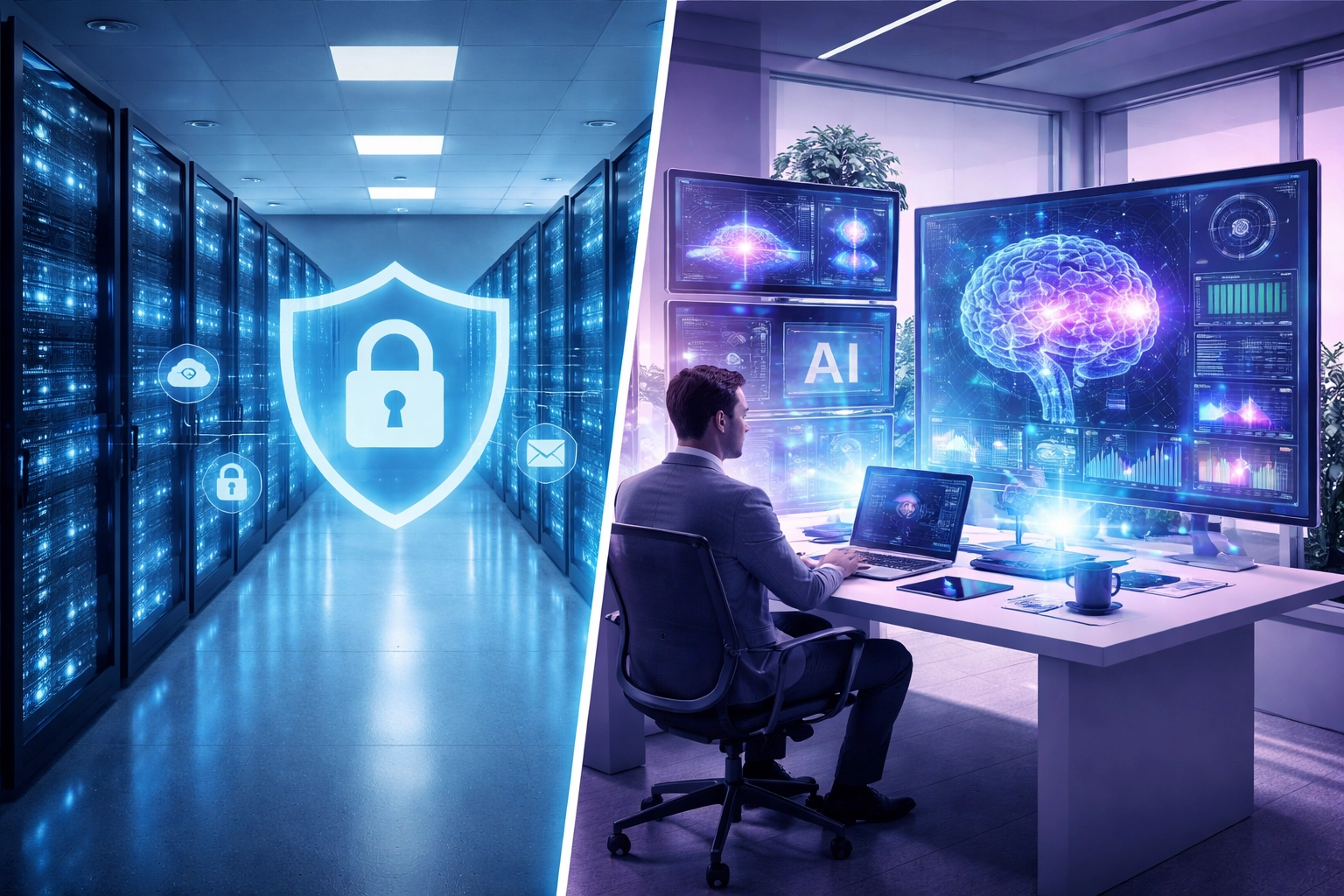 Split-screen showing a secure data server and a futuristic AI workspace, highlighting ISO 27001 vs ISO 42001 for start-ups