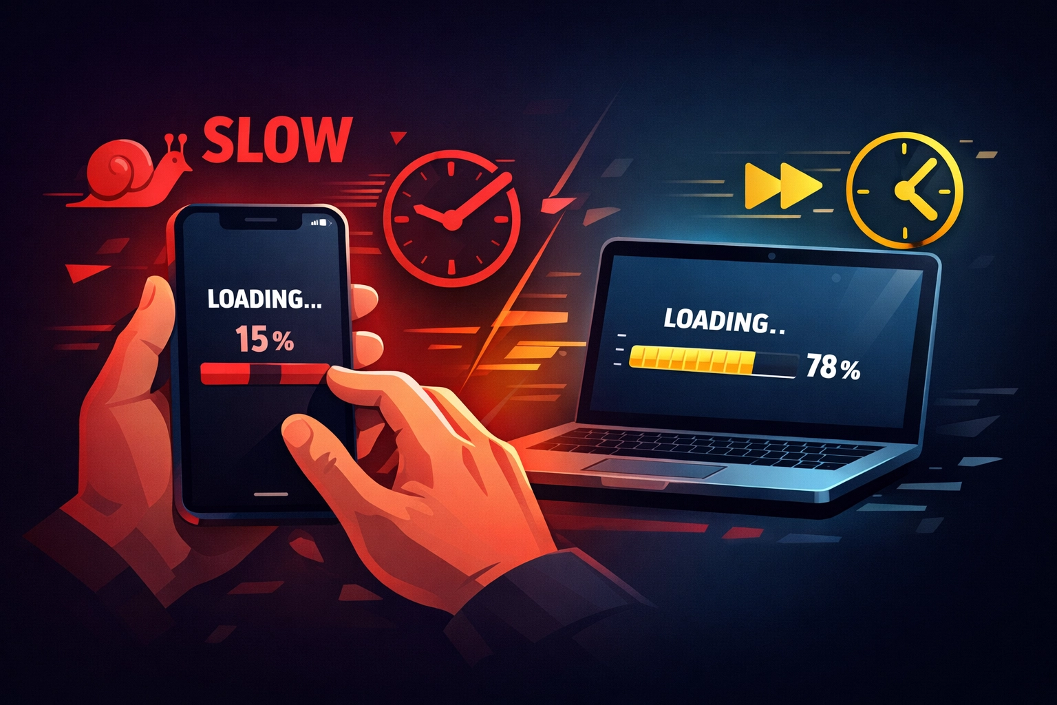 Slow loading website on smartphone and laptop with progress bars and time indicators