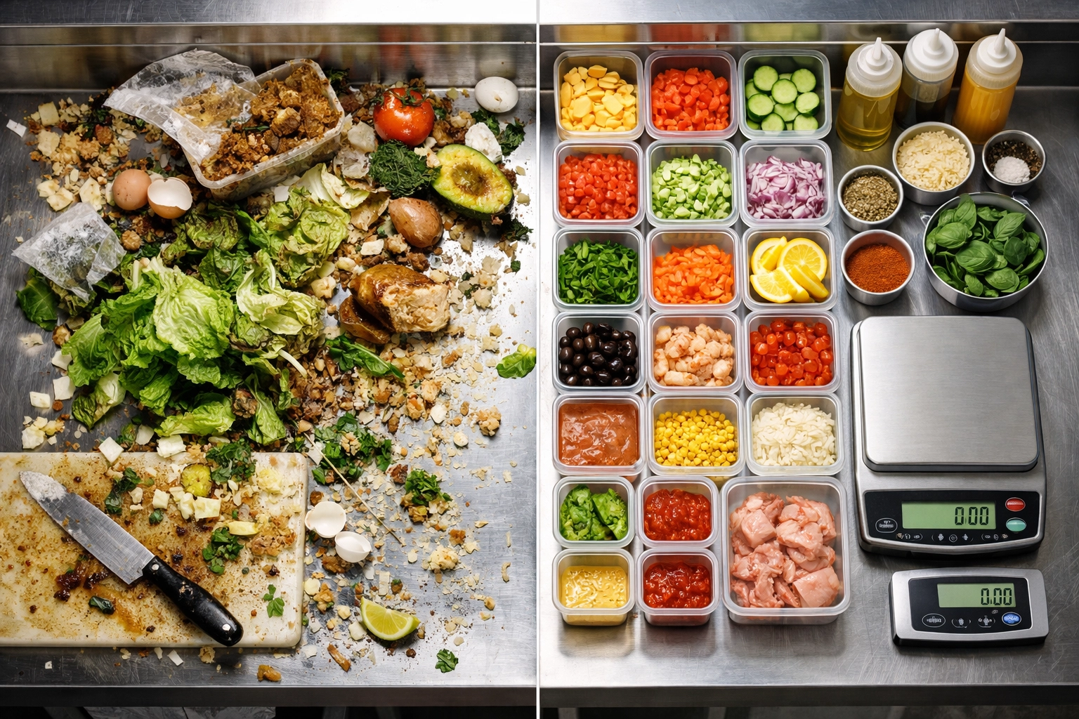 Restaurant prep station comparing disorganized food waste with organized inventory management