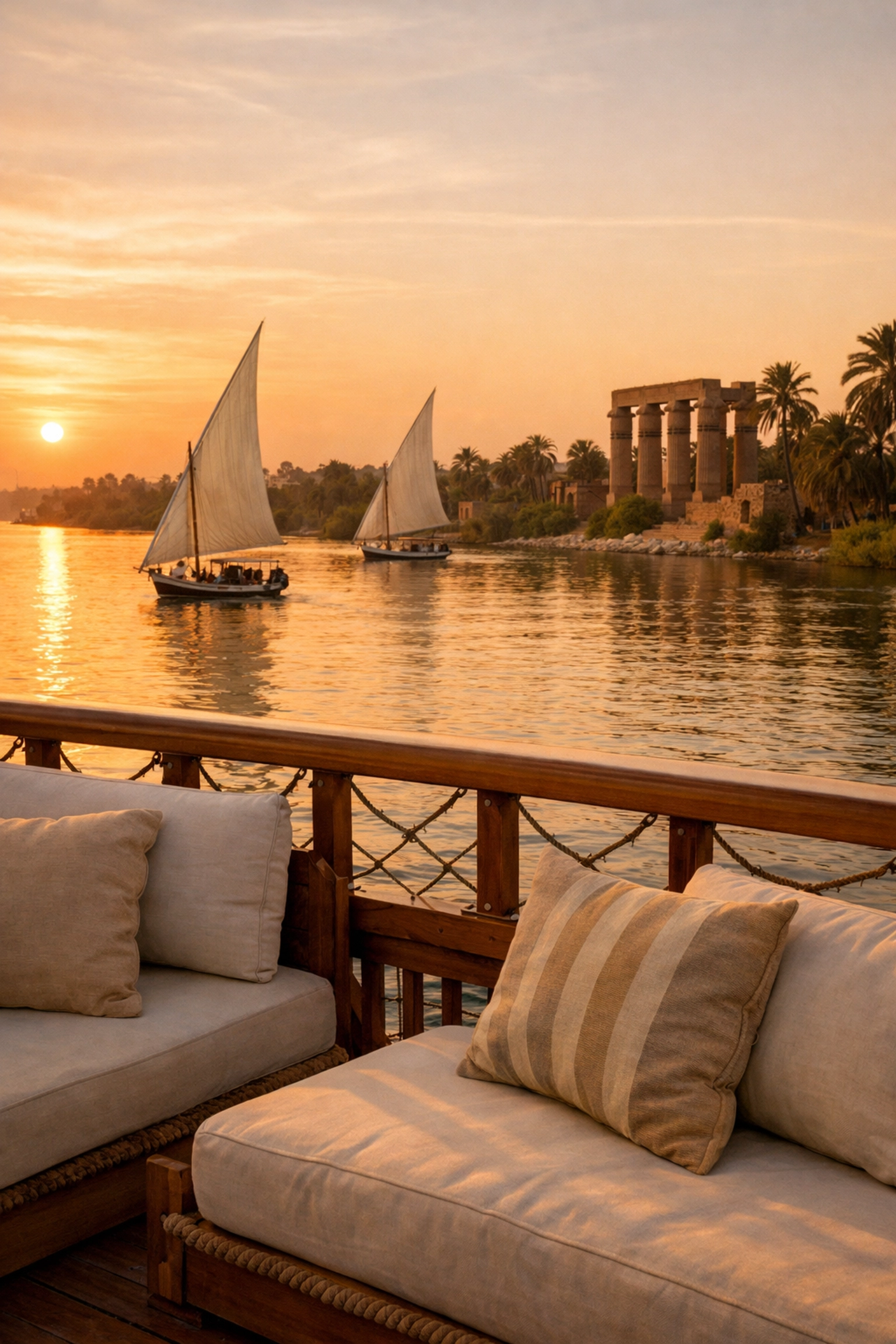 Luxury Nile River cruise at sunset with traditional feluccas sailing past ancient temples