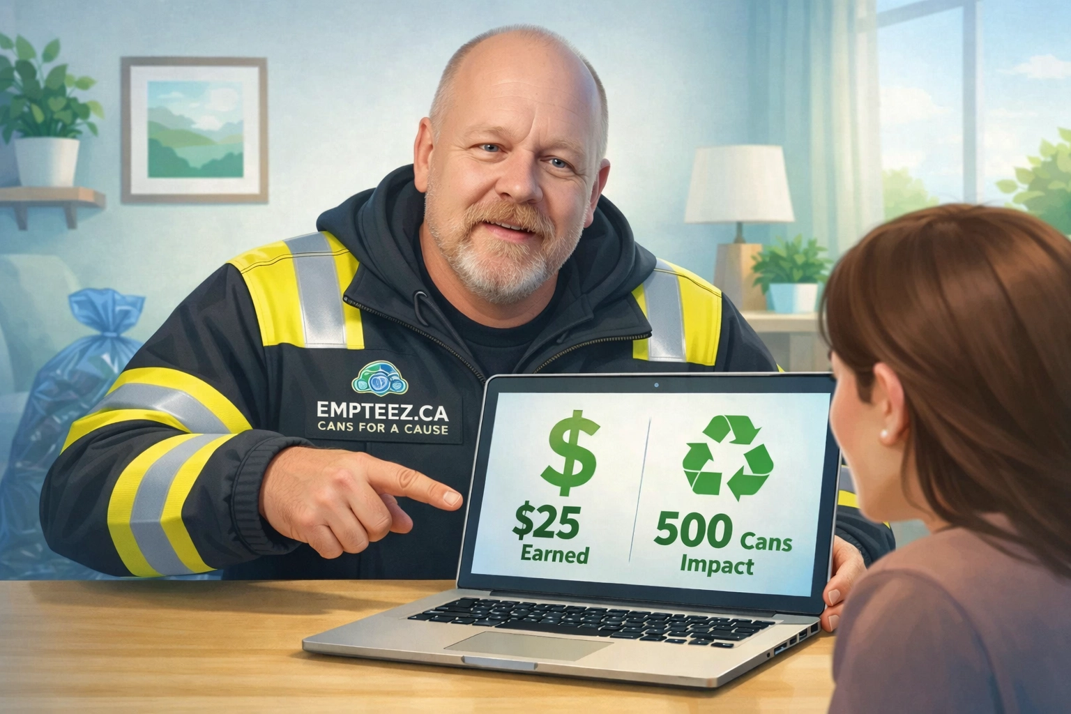 2D scene of Tim “Can Man” Kemsley showing a customer a laptop screen with $ and impact stats