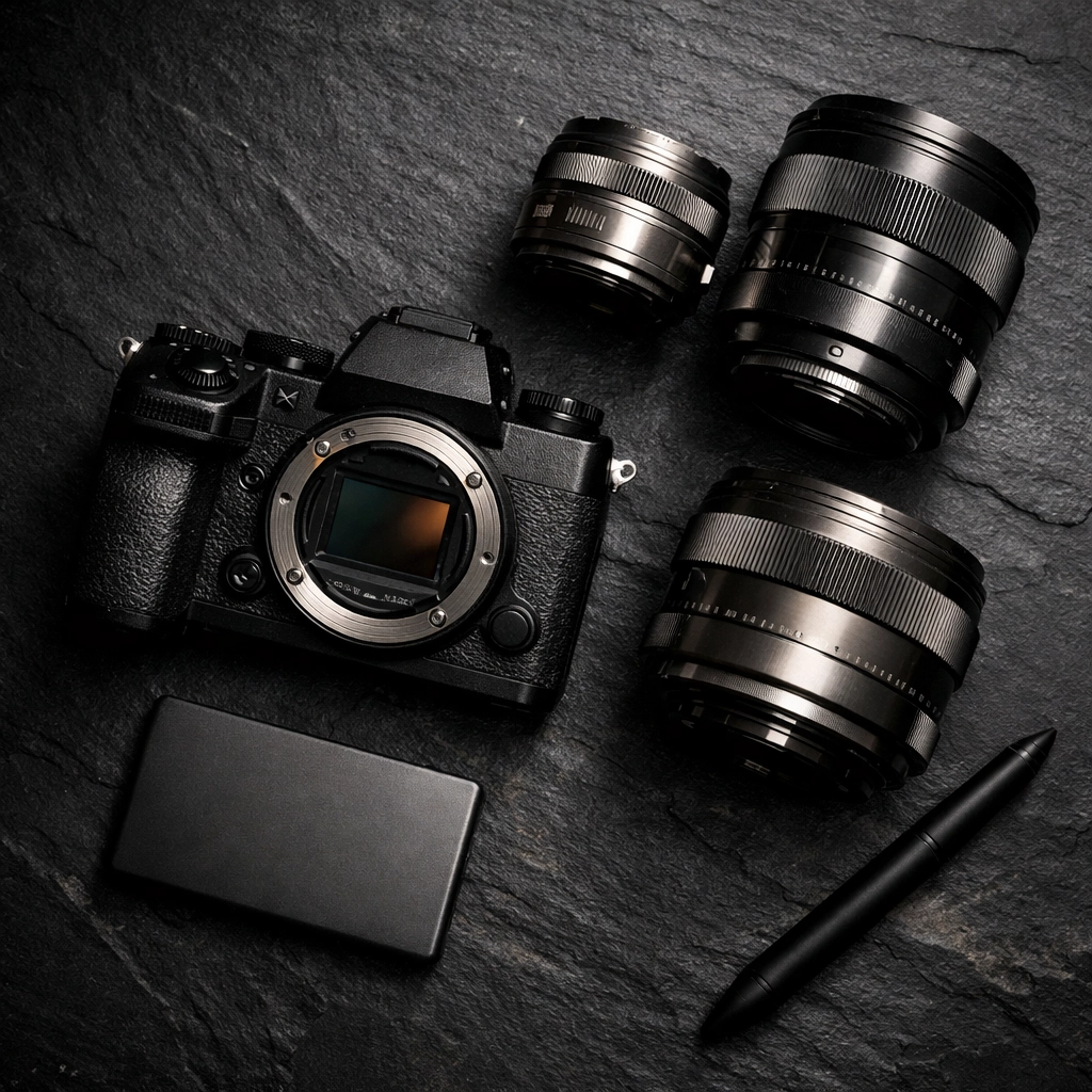 A flat lay of professional photography gear and lenses used in a high-efficiency digital image workflow.