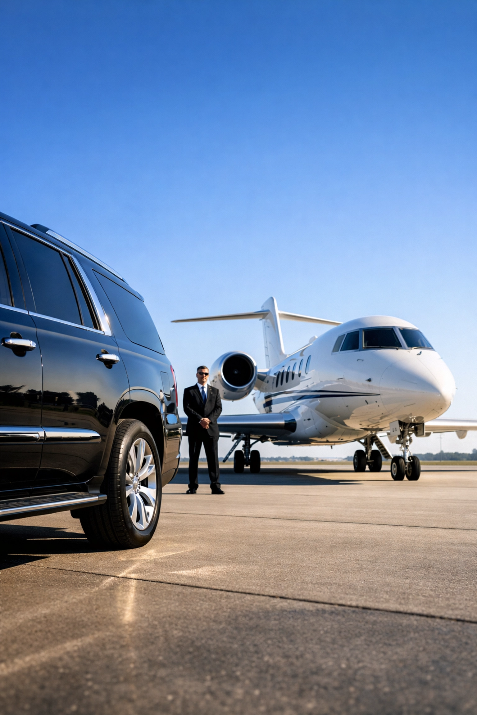 Elite corporate travel logistics featuring a private jet and executive SUV for high-level brand activations.