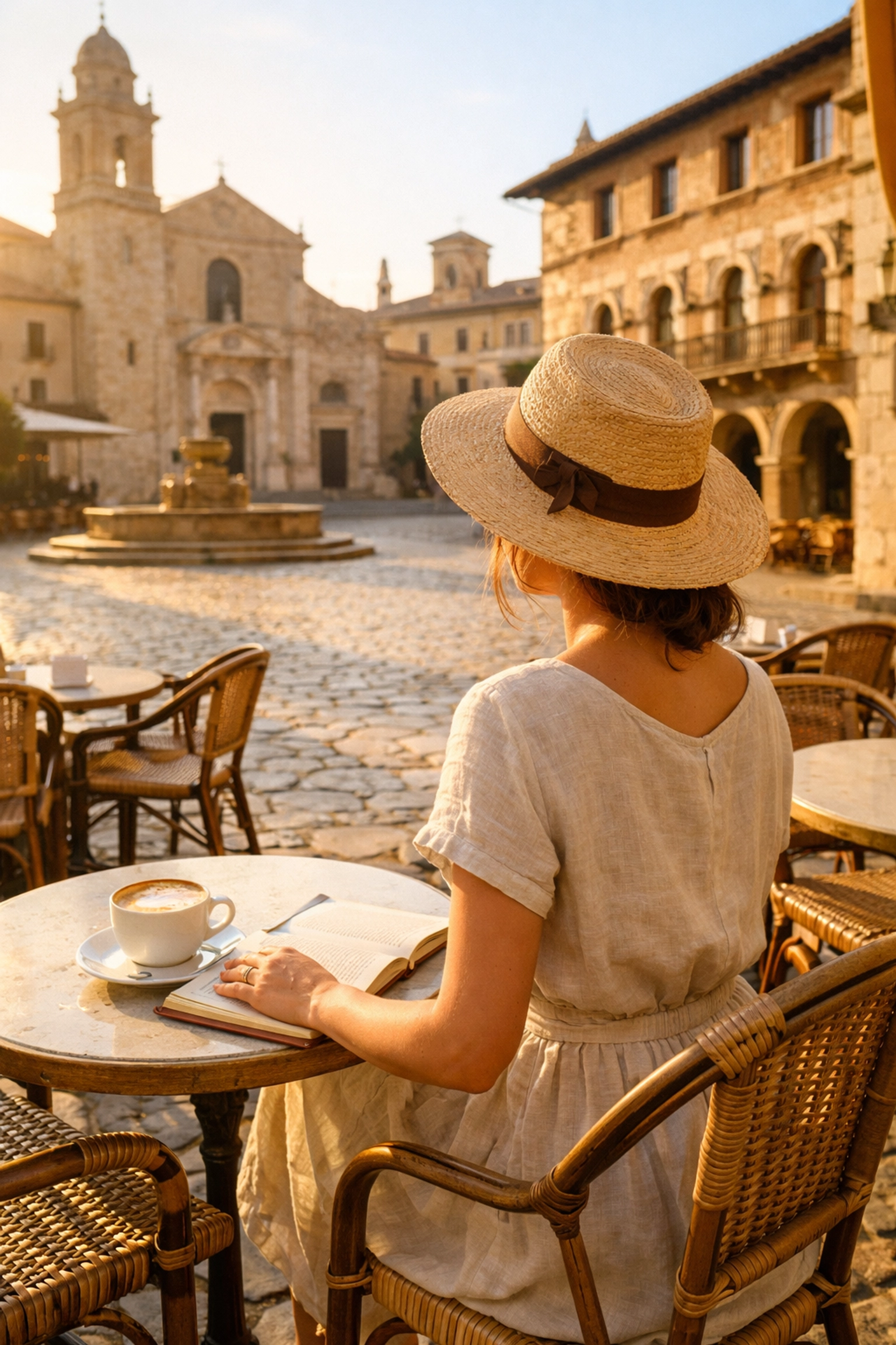 Solo female traveler enjoying morning coffee at European café terrace