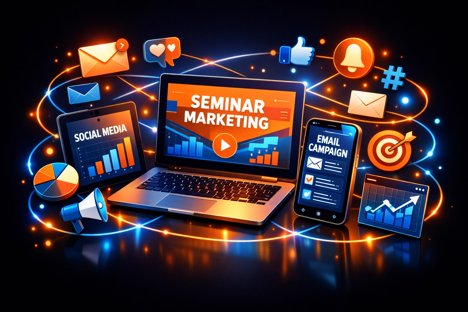Multi-channel digital marketing strategy across laptop, tablet and smartphone for seminar promotion