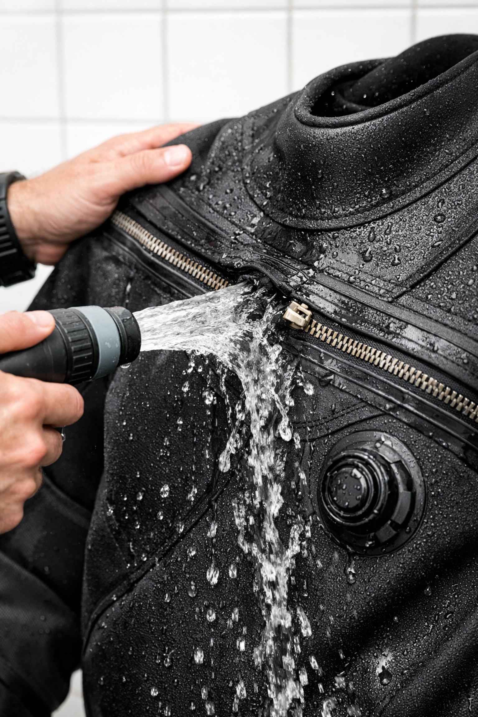 Trockentauchanzug mit Süßwasser spülen nach dem Tauchgang