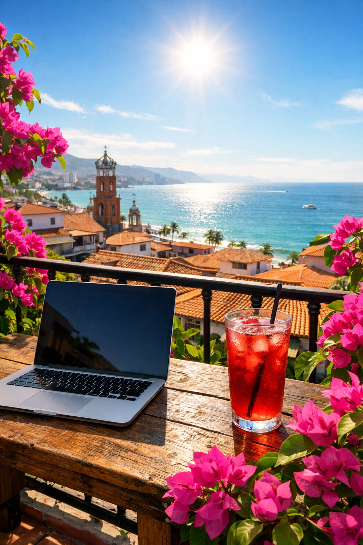 Remote work setup on a sunny Amapas balcony overlooking Banderas Bay in Puerto Vallarta.