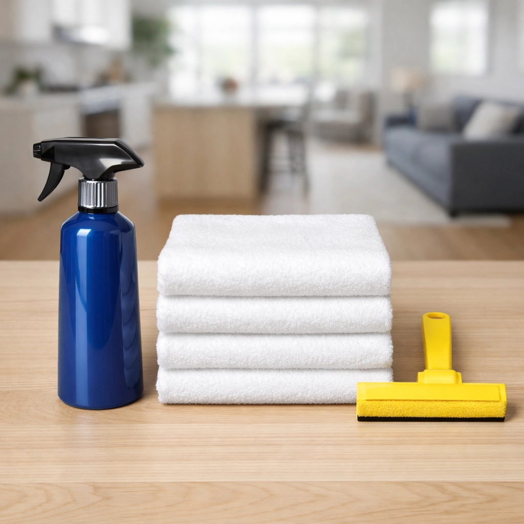 Organized cleaning supplies representing the savings of recurring house cleaning prices near me for residents.