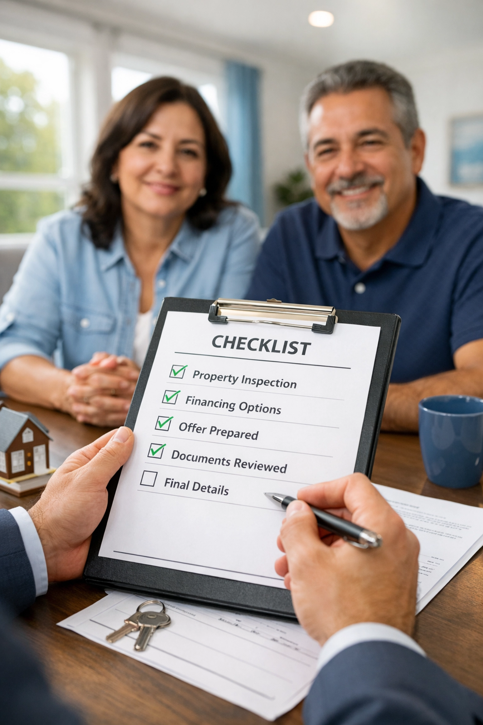 Real estate agent reviewing manufactured home financing checklist with buyers