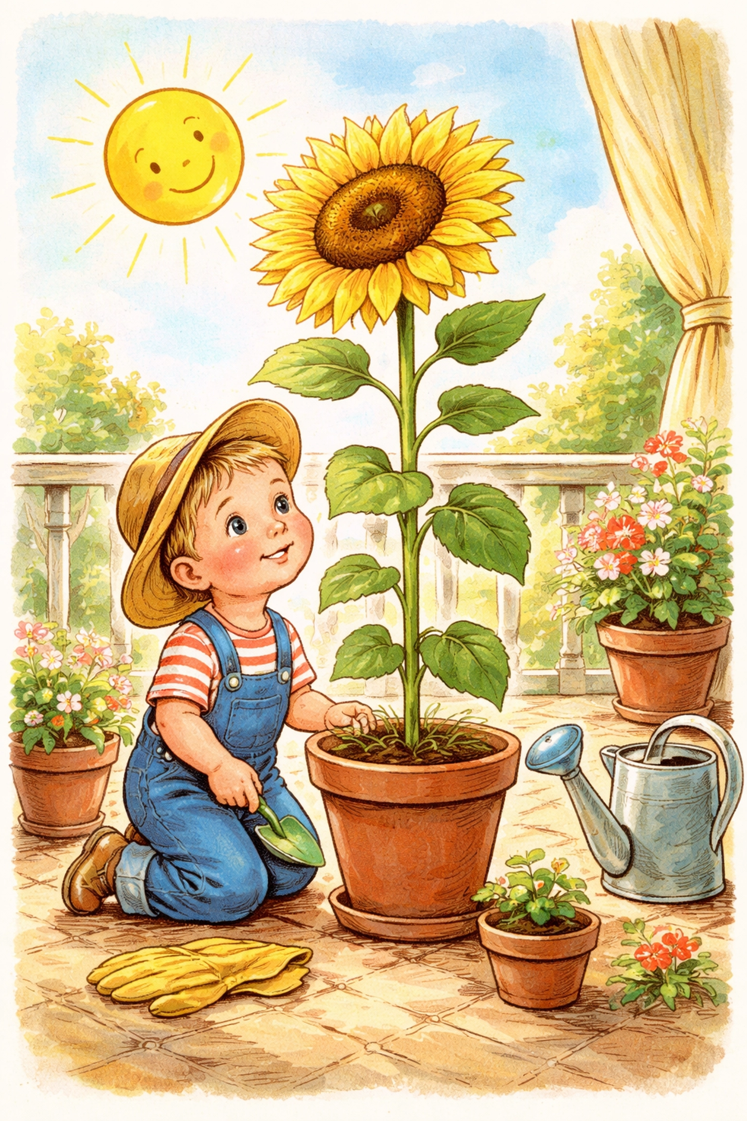 A child in overalls kneels beside a tall sunflower growing in a pot on a sunny balcony, showing small space gardening joy.