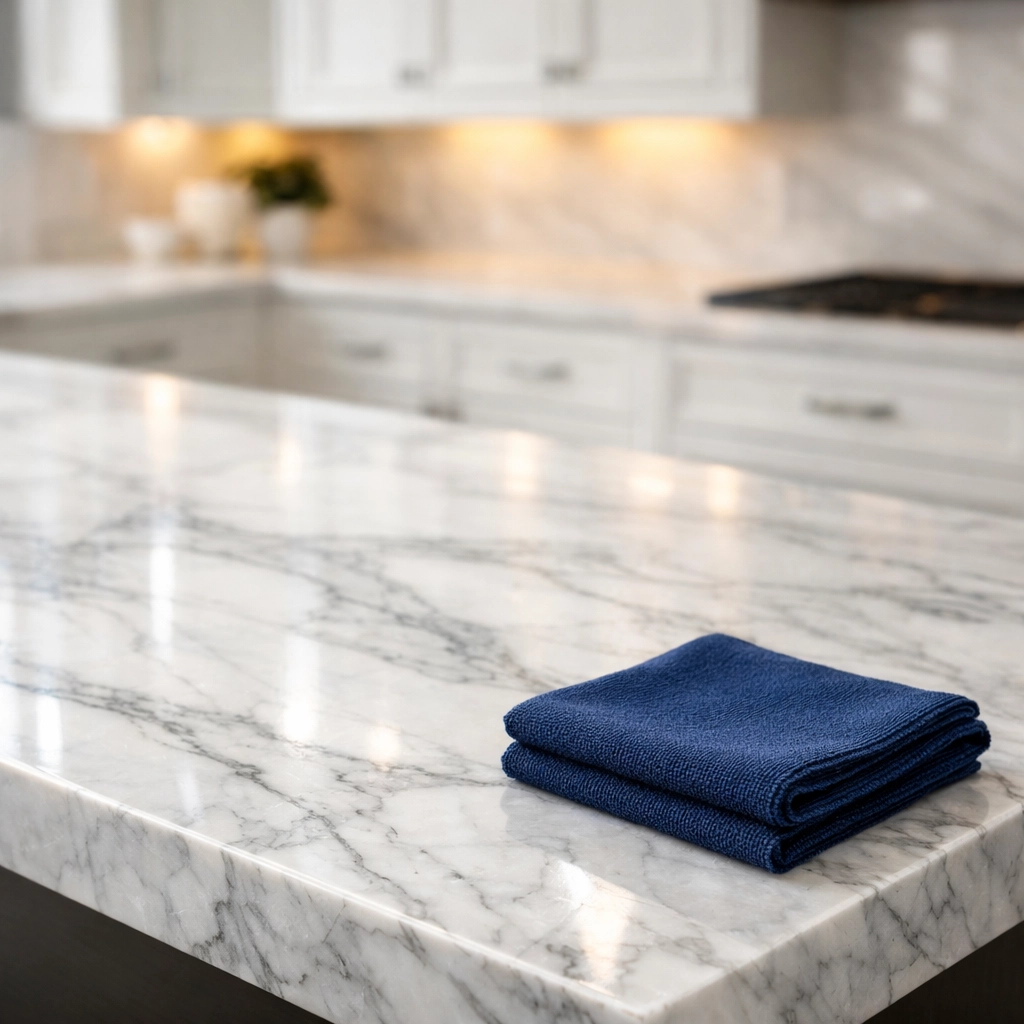 Professional luxury residential cleaning of polished marble countertops in a Lexington kitchen.