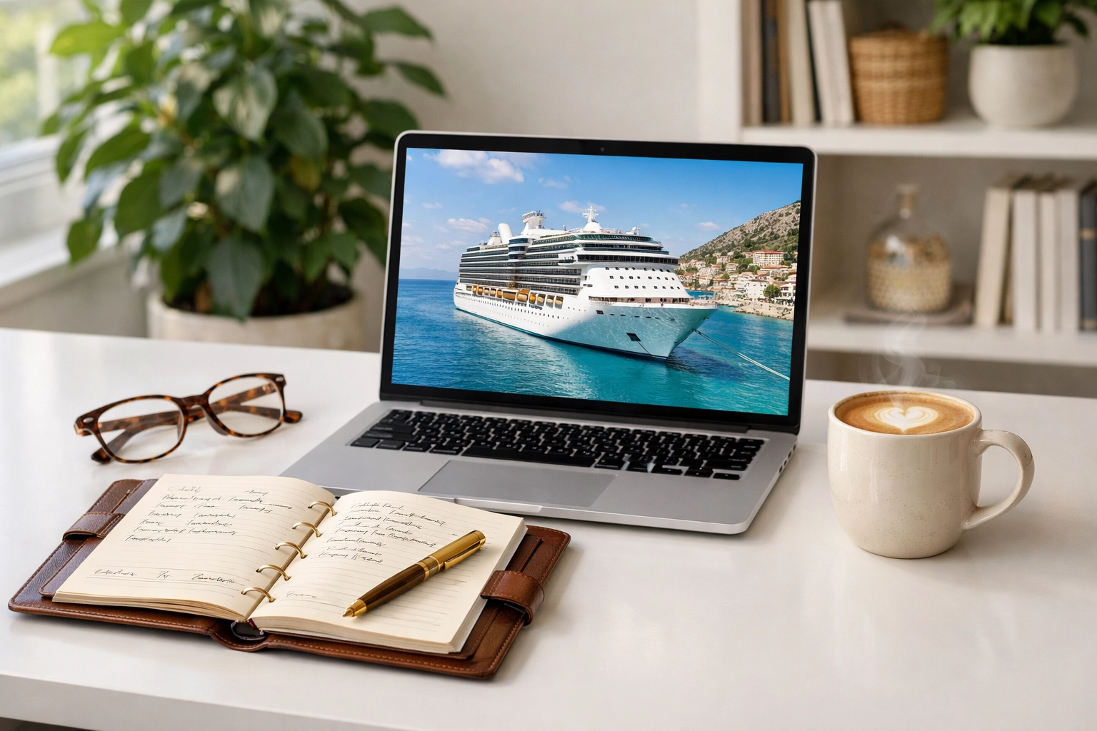 Organized home office desk with a luxury cruise on a laptop, perfect for a travel planning career.