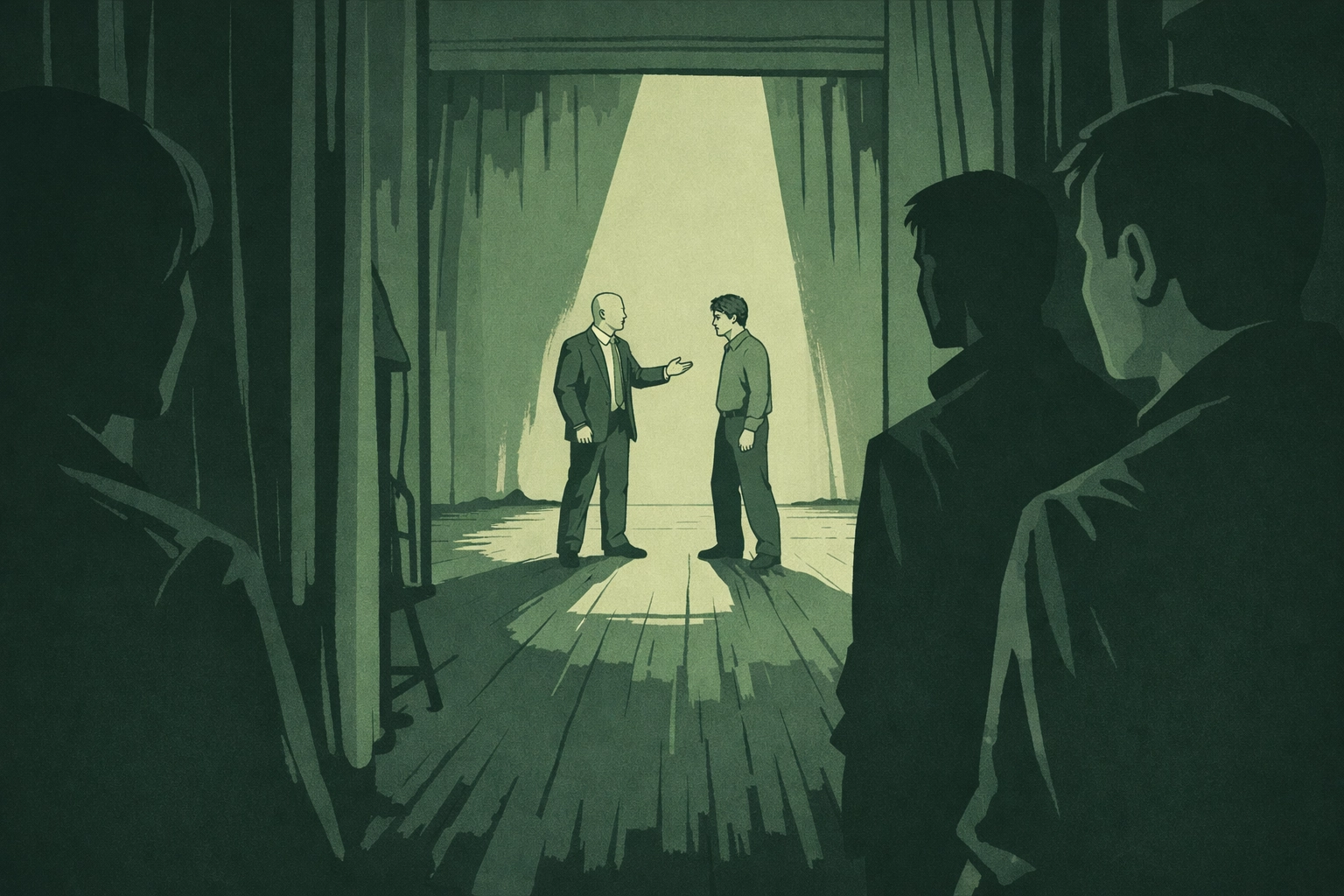 Stage performance view showing MM actors in spotlight for LGBTQ+ thriller with suspense elements