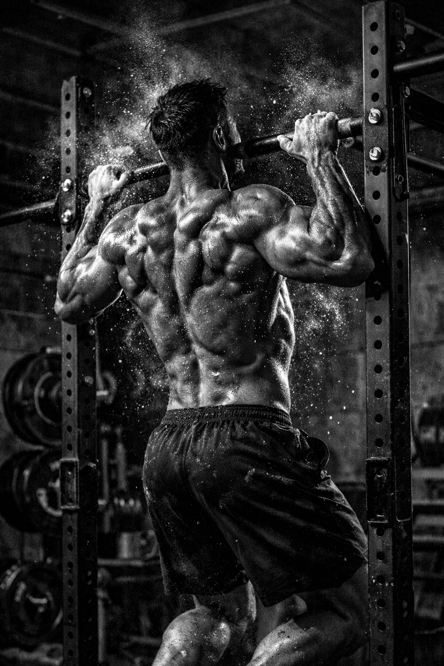 Athlete performing a powerful pull-up on calisthenics equipment for home bodyweight training.