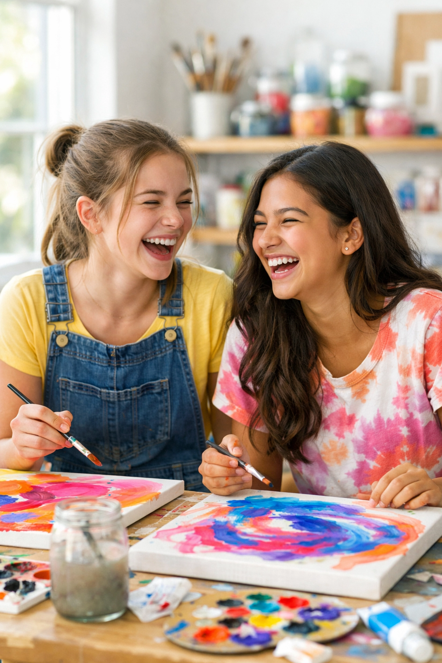 Two teen girls laughing and painting in a creative, safe learning environment at a residential program.