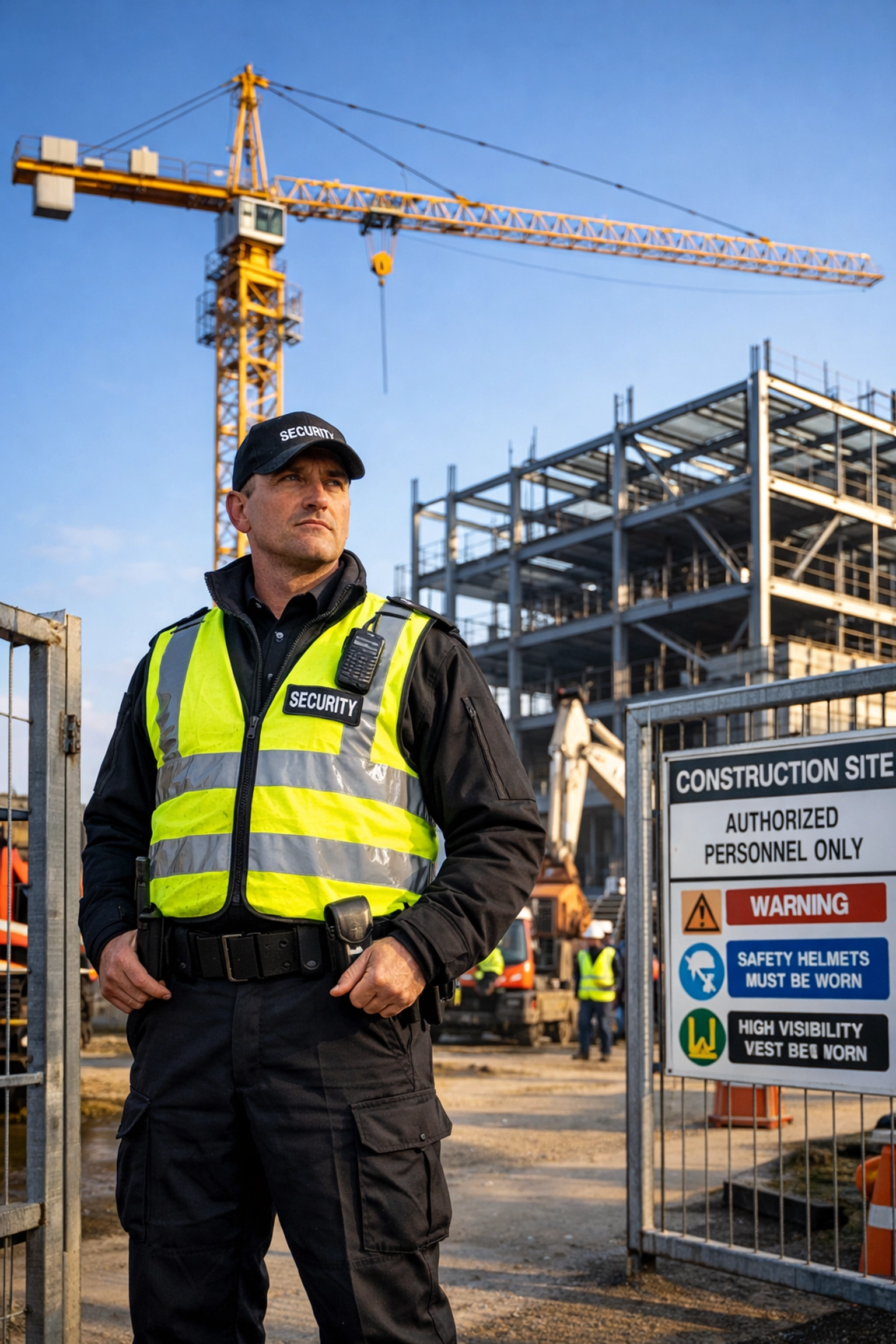 Professional uniformed security guard providing manned guarding at a UK construction site entrance.