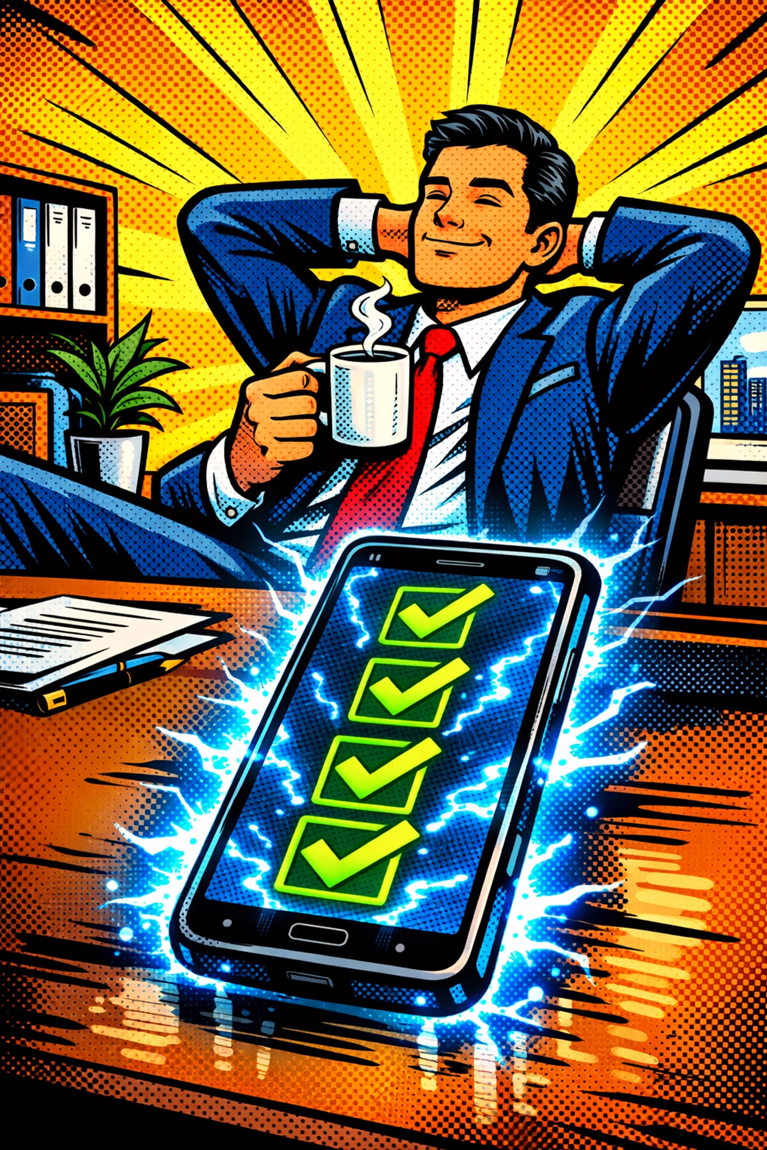 Business owner enjoying coffee while workflow automation for small business captures leads automatically.