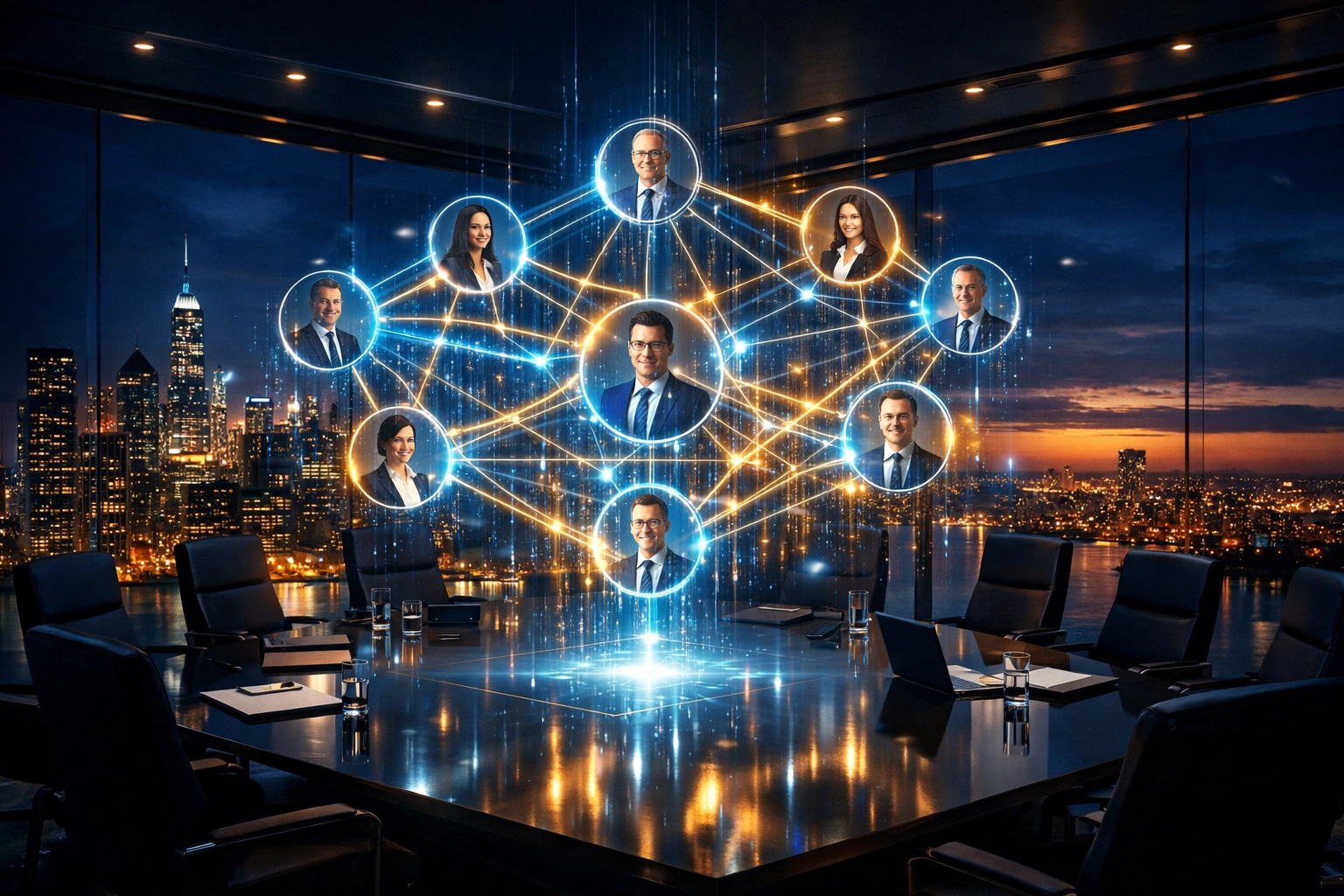 Holographic network map showing interconnected B2B decision-makers within a professional buying committee.