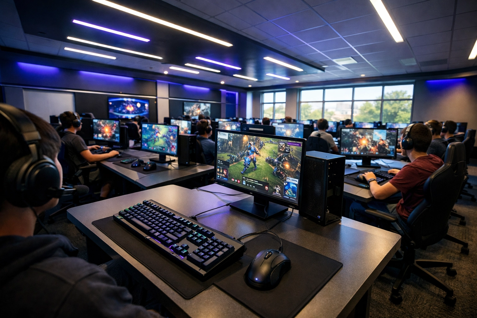 High school students in modern esports gaming lab with competitive gaming stations and educational technology