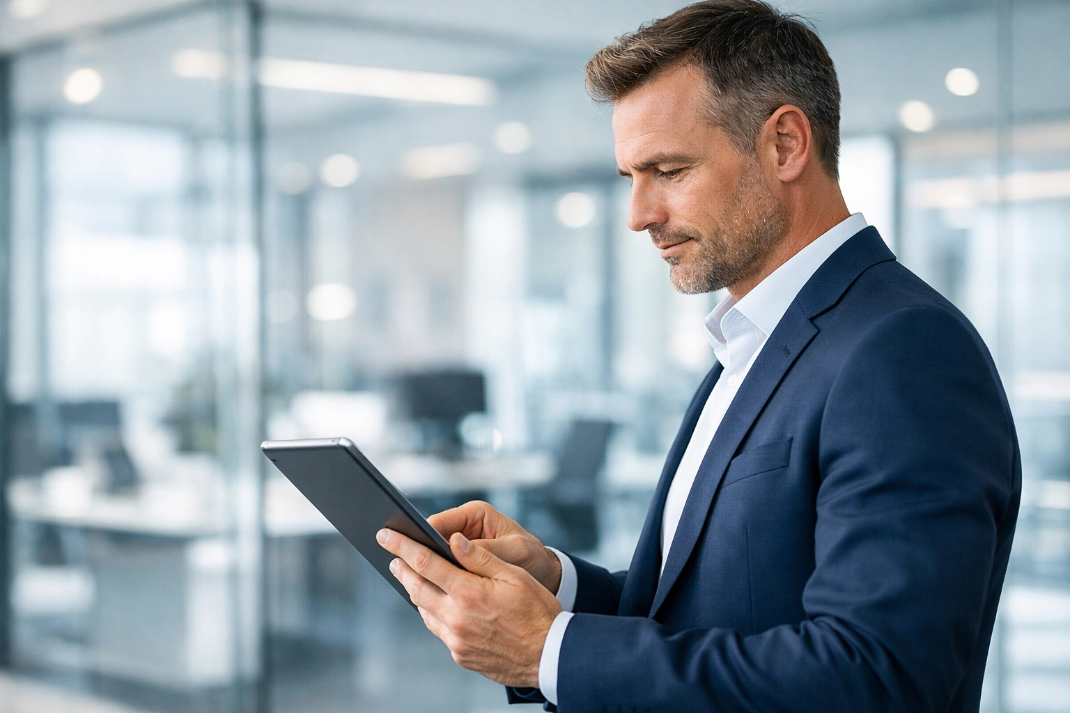 Modern UK business owner using a tablet for efficient outsourced HR support services.