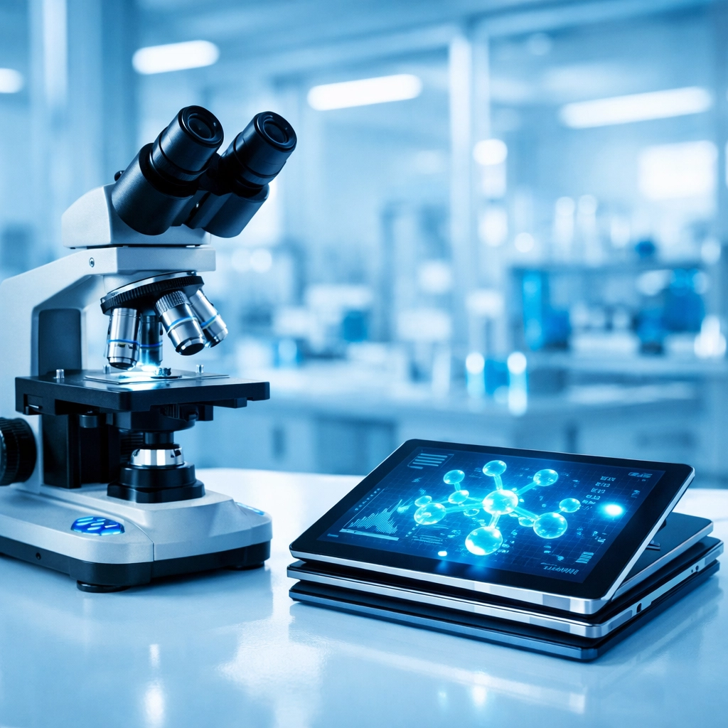 Modern clinical laboratory workstation evaluating peptide safety data for FDA Category 1 compliance.